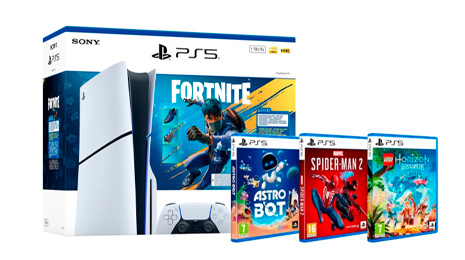 Consola PlayStation 5 Estándar 1TB con Fortnite Flow Chaos + Astro Bot + Marvel's Spider-Man 2 + Lego Horizon Adventures