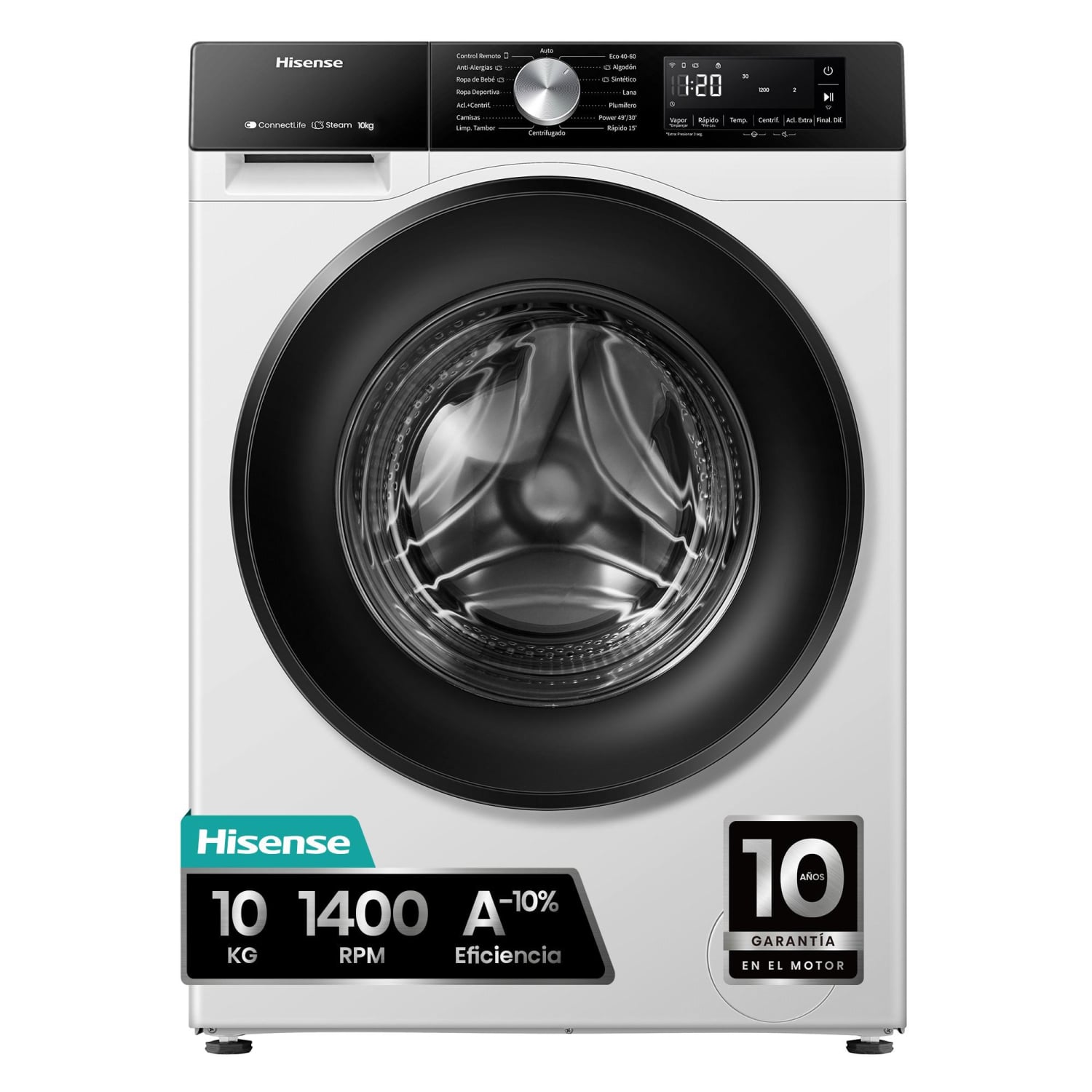 Lavadora Hisense WF3S1043BW1, 10 kg, Carga Frontal, 1400 rpm, Clase A - Blanco