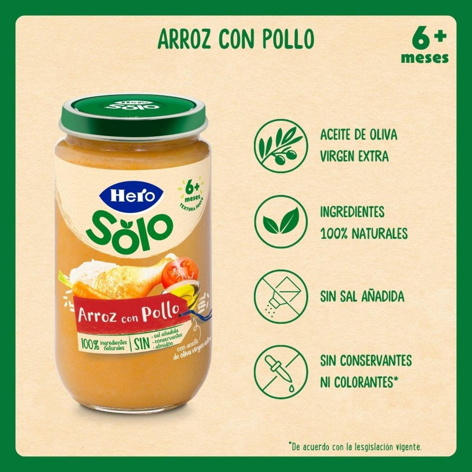Tarrito de arroz con pollo desde 6 meses Hero Solo sin gluten 235 g.