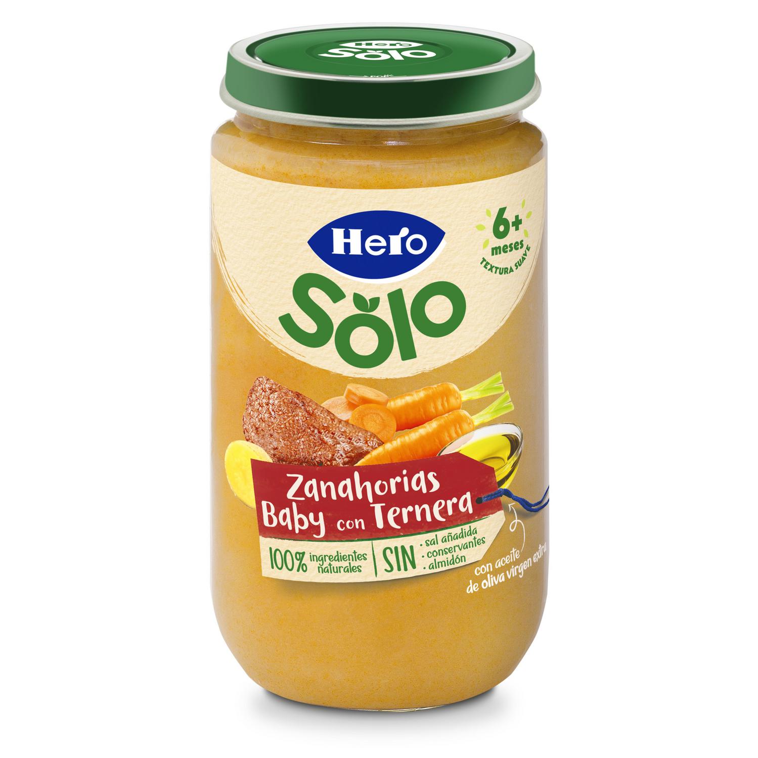 Tarrito de zanahorias baby con ternera desde 6 meses Hero Solo sin gluten 235 g.