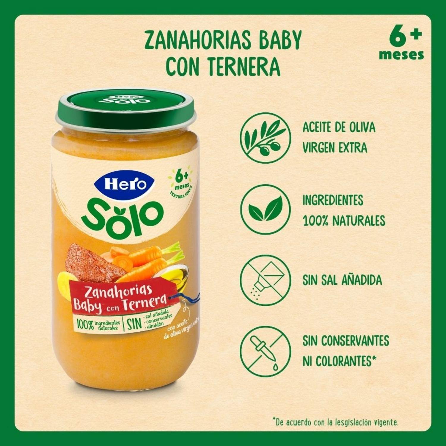 Tarrito de zanahorias baby con ternera desde 6 meses Hero Solo sin gluten 235 g.