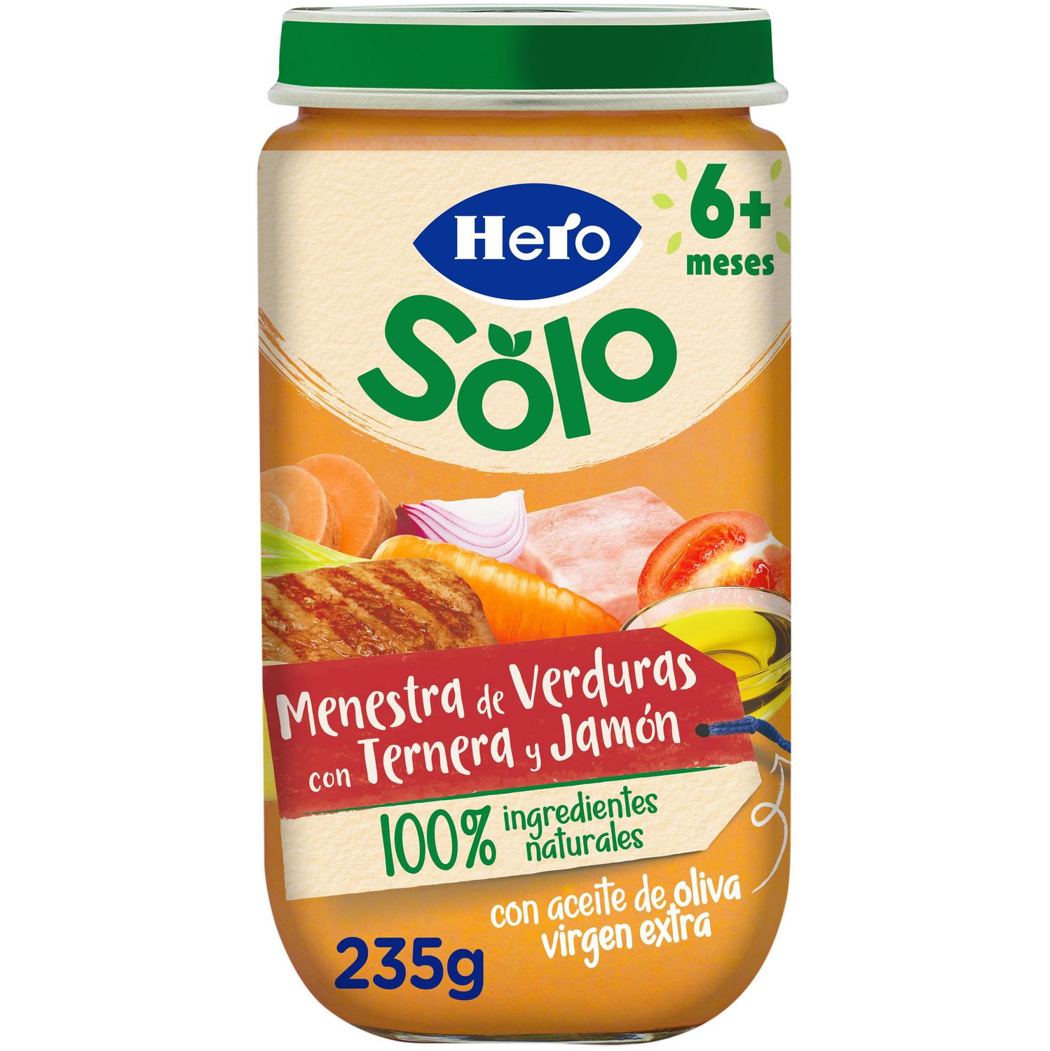 Tarrito de verduras con ternera y jamón desde 6 meses Hero Solo sin gluten 235 g.