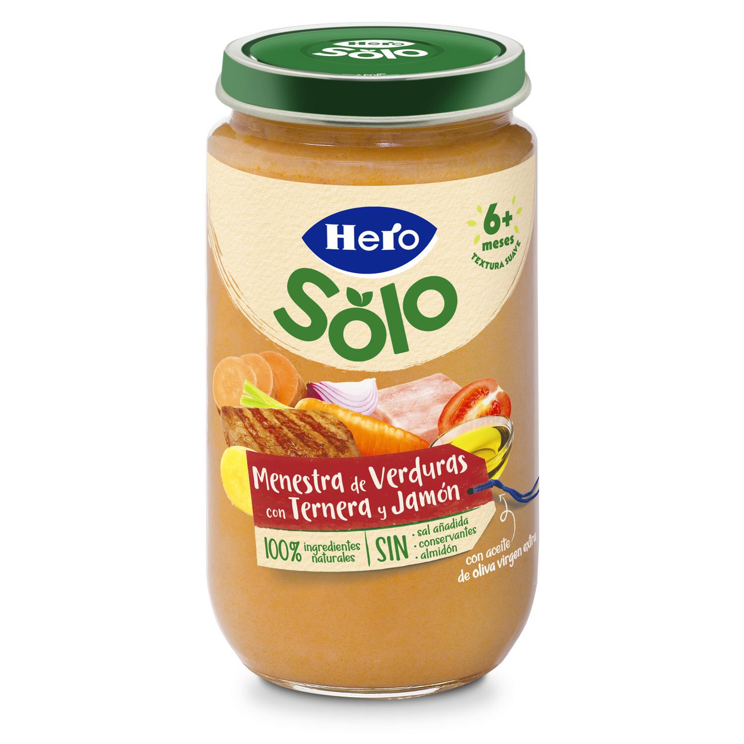 Tarrito de verduras con ternera y jamón desde 6 meses Hero Solo sin gluten 235 g.
