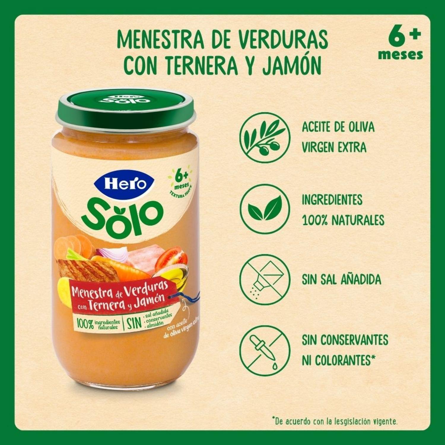 Tarrito de verduras con ternera y jamón desde 6 meses Hero Solo sin gluten 235 g.