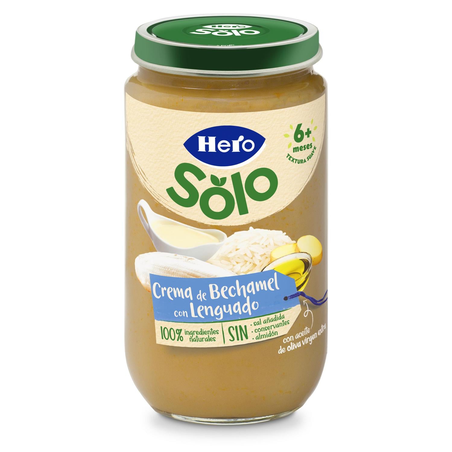 Tarrito de crema bechamel con lenguado desde 6 meses Hero Baby sin gluten 235 g.