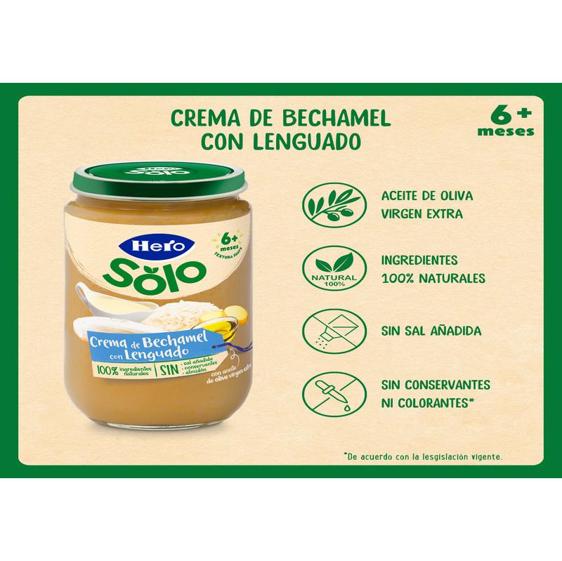 Tarrito de crema bechamel con lenguado desde 6 meses Hero Baby sin gluten 235 g.