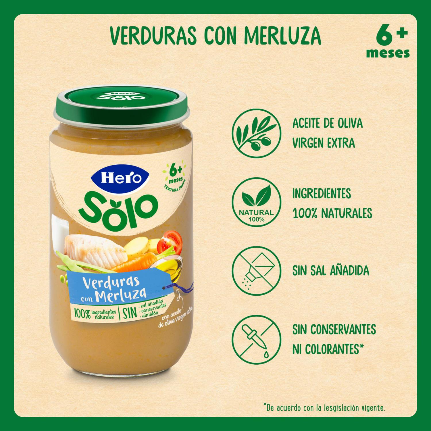 Tarrito de verduritas con merluza desde 6 meses Hero Solo sin gluten 235 g.