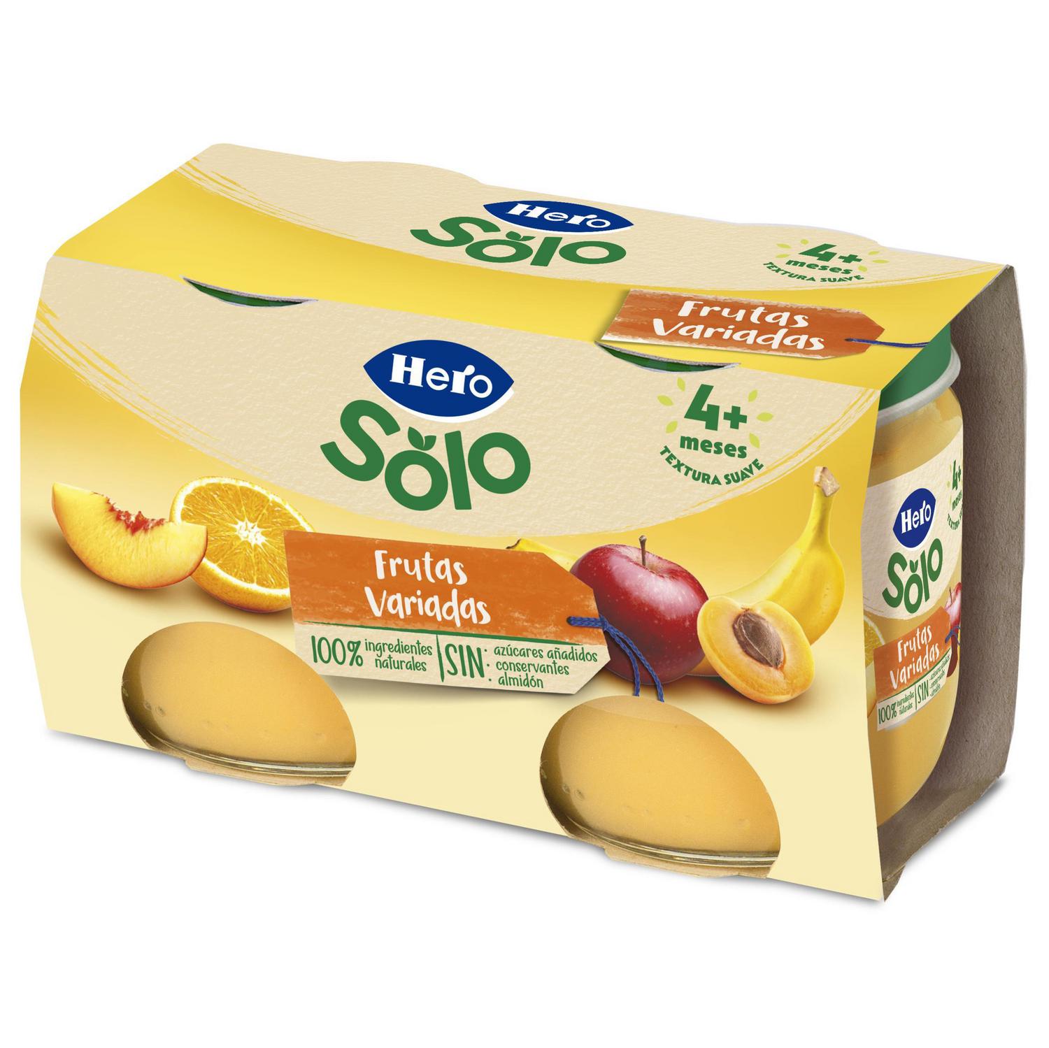 Tarrito de frutas variadas desde 4 meses Hero Baby sin gluten pack de 2 unidades de 120 g.