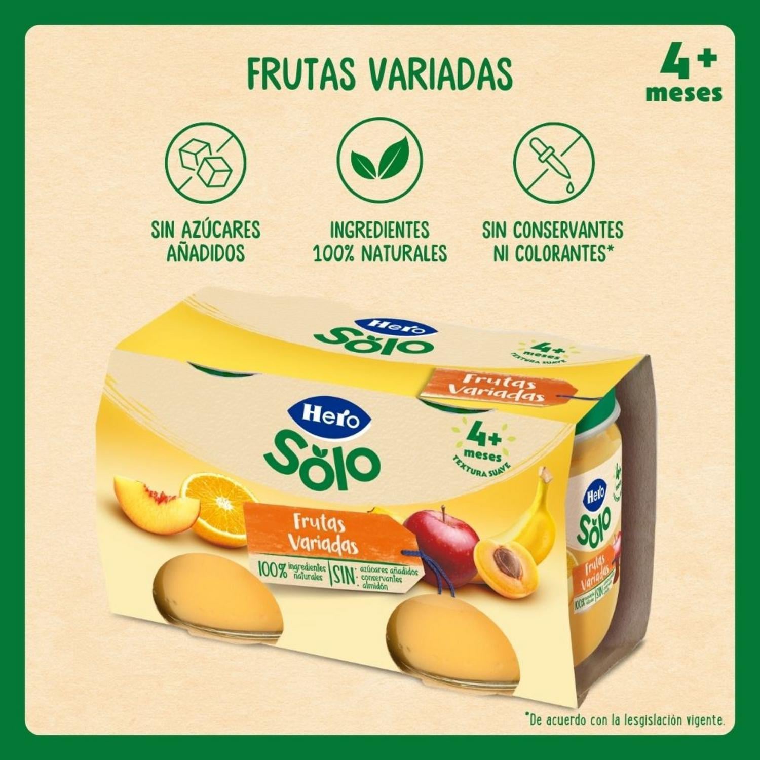 Tarrito de frutas variadas desde 4 meses Hero Baby sin gluten pack de 2 unidades de 120 g.