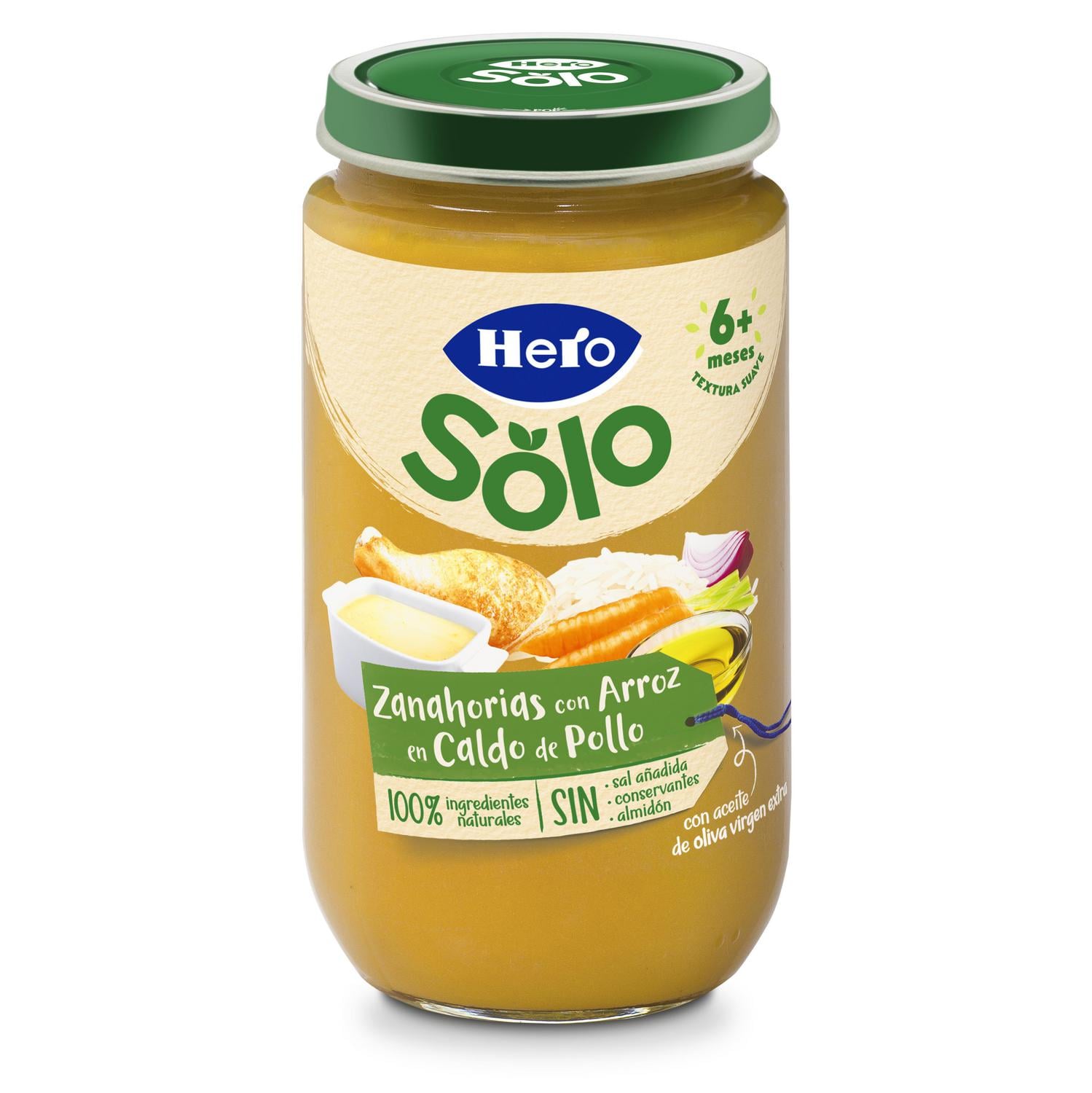 Tarrito de zanahorias con arroz en caldito de pollo desde 6 meses Hero Solo sin gluten 235 g.