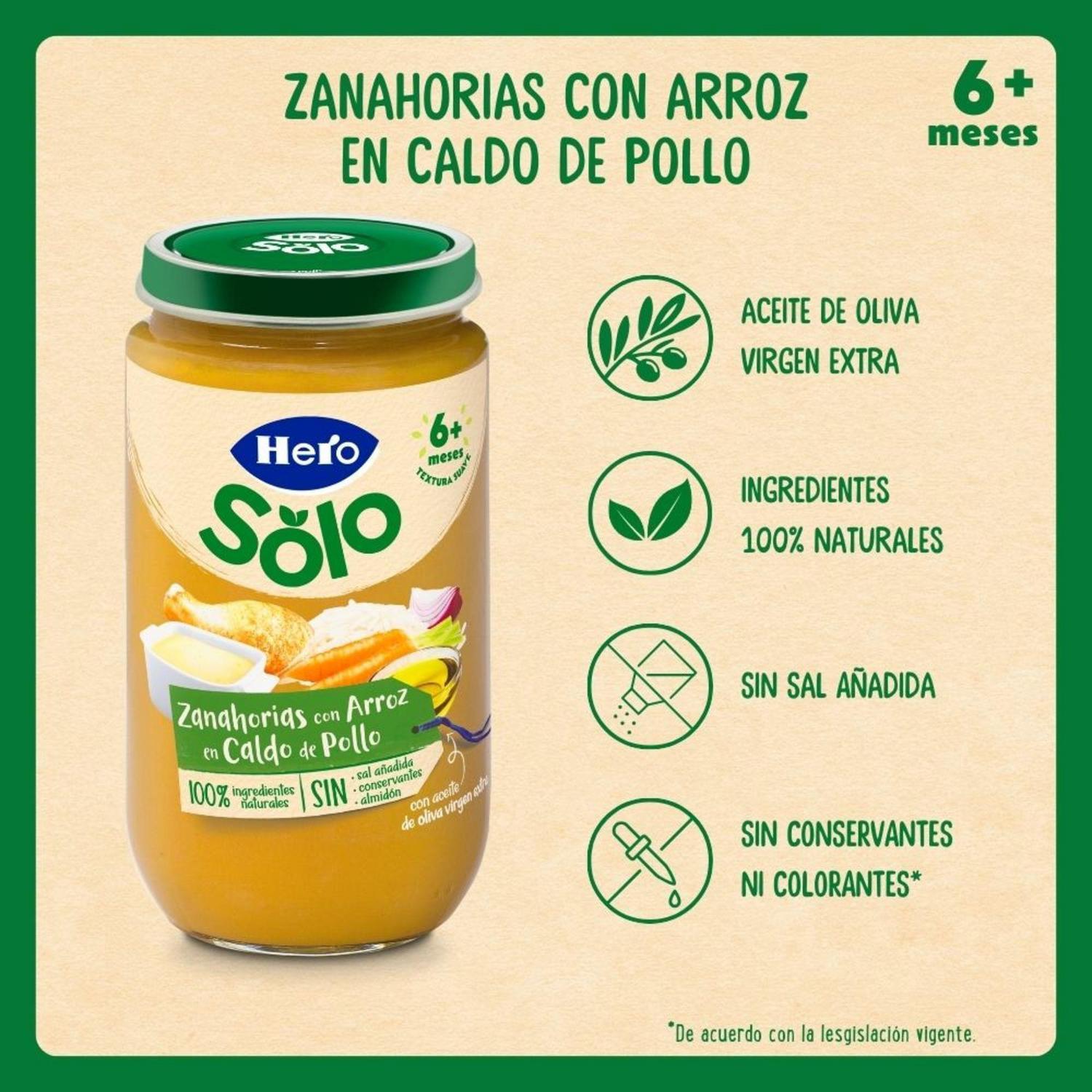 Tarrito de zanahorias con arroz en caldito de pollo desde 6 meses Hero Solo sin gluten 235 g.