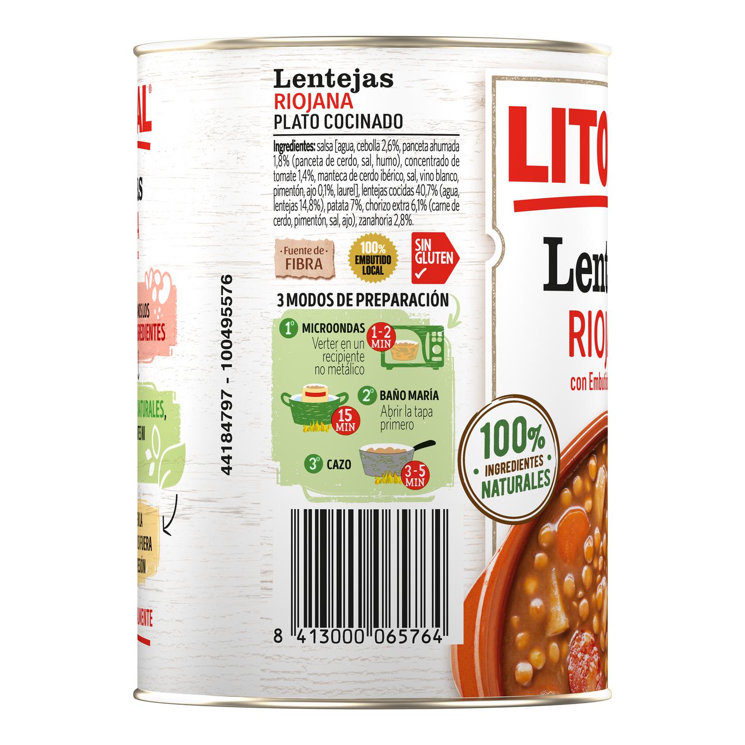 Lentejas a la riojana Litoral sin gluten 425 g.