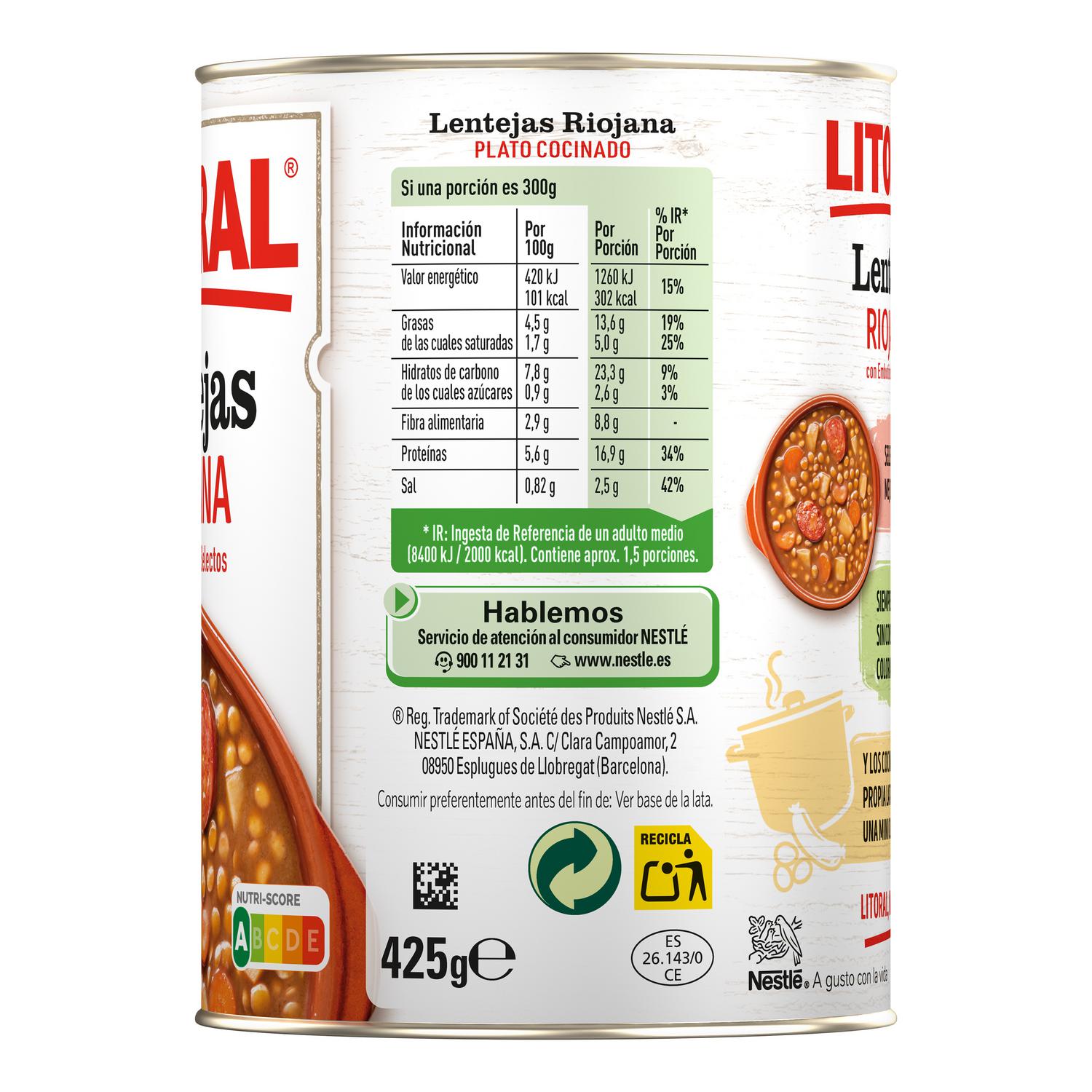 Lentejas a la riojana Litoral sin gluten 425 g.