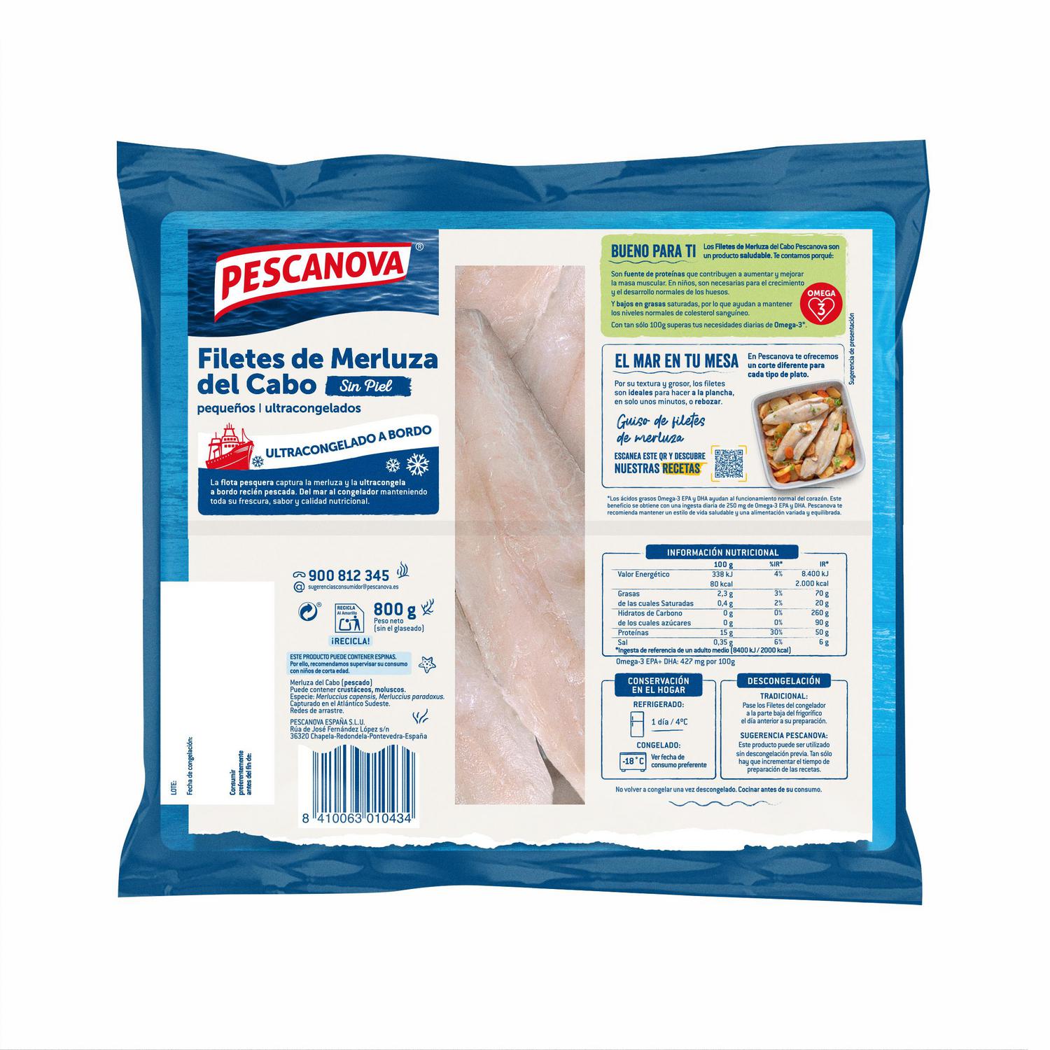Filetes de merluza sin piel ultracongelados Pescanova 800 g.