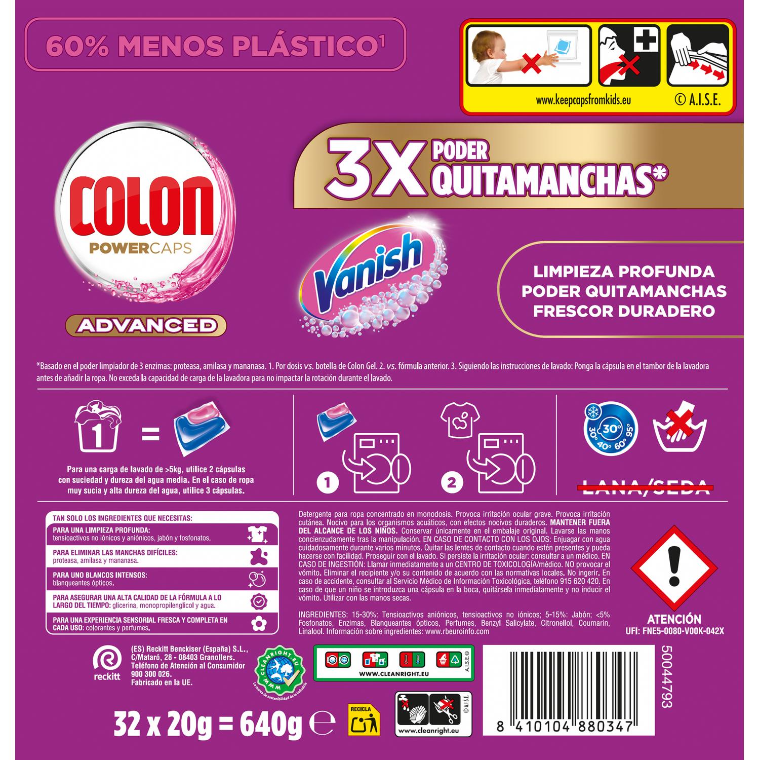 Detergente en cápsulas poder quitamanchas Vanish Power Caps Advanced Colon 32 ud.