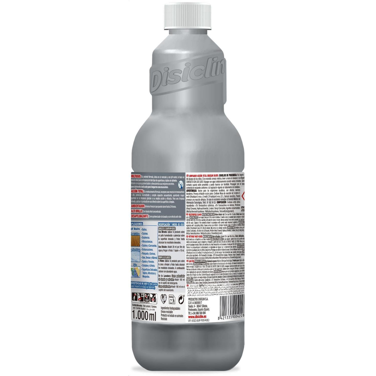 Friegasuelos concentrado multi superficies super perfumado multiusos aroma silver Disiclin 1000 ml.