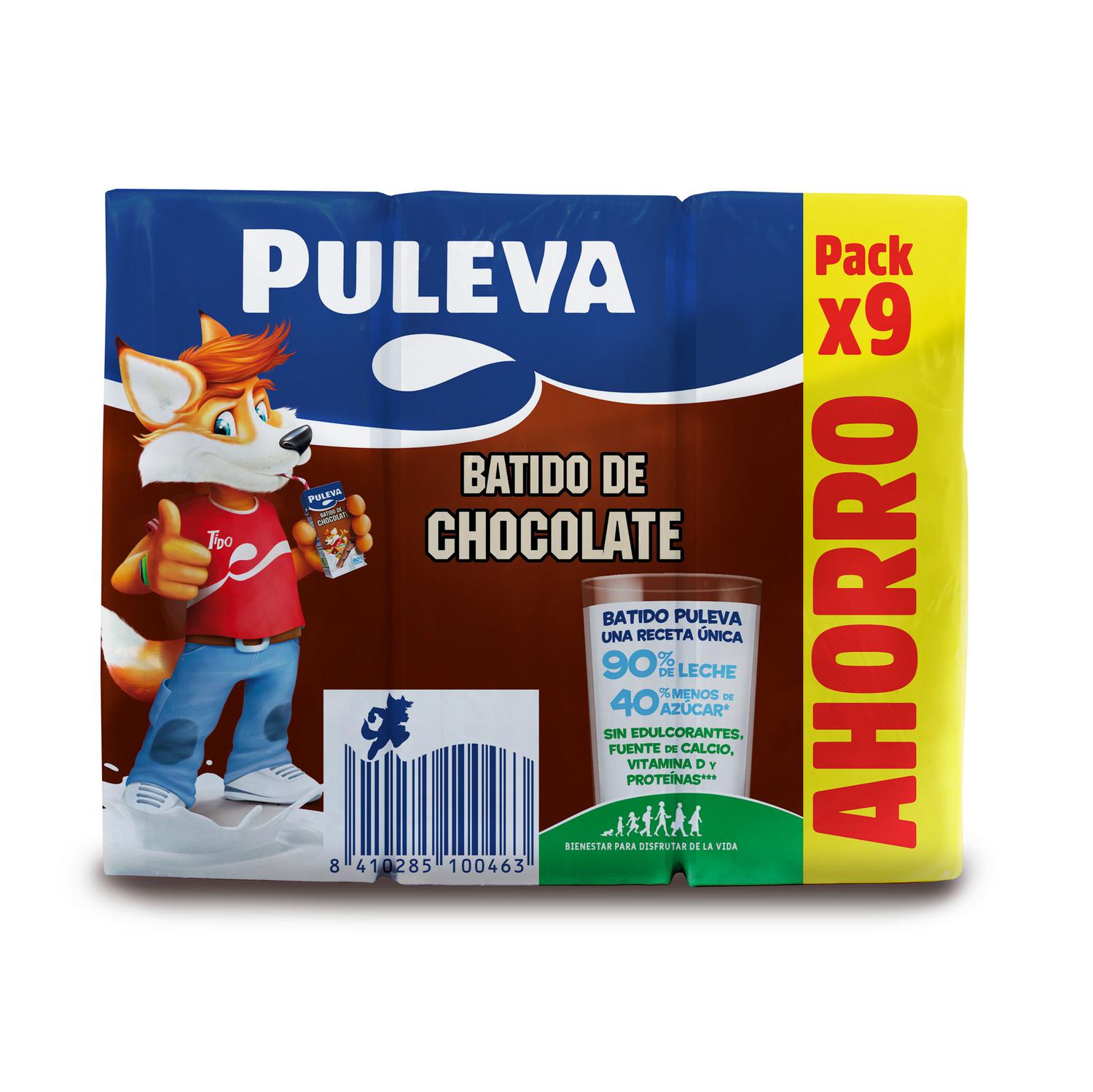 Batido de chocolate Puleva sin gluten pack de 9 brik de 200 ml.
