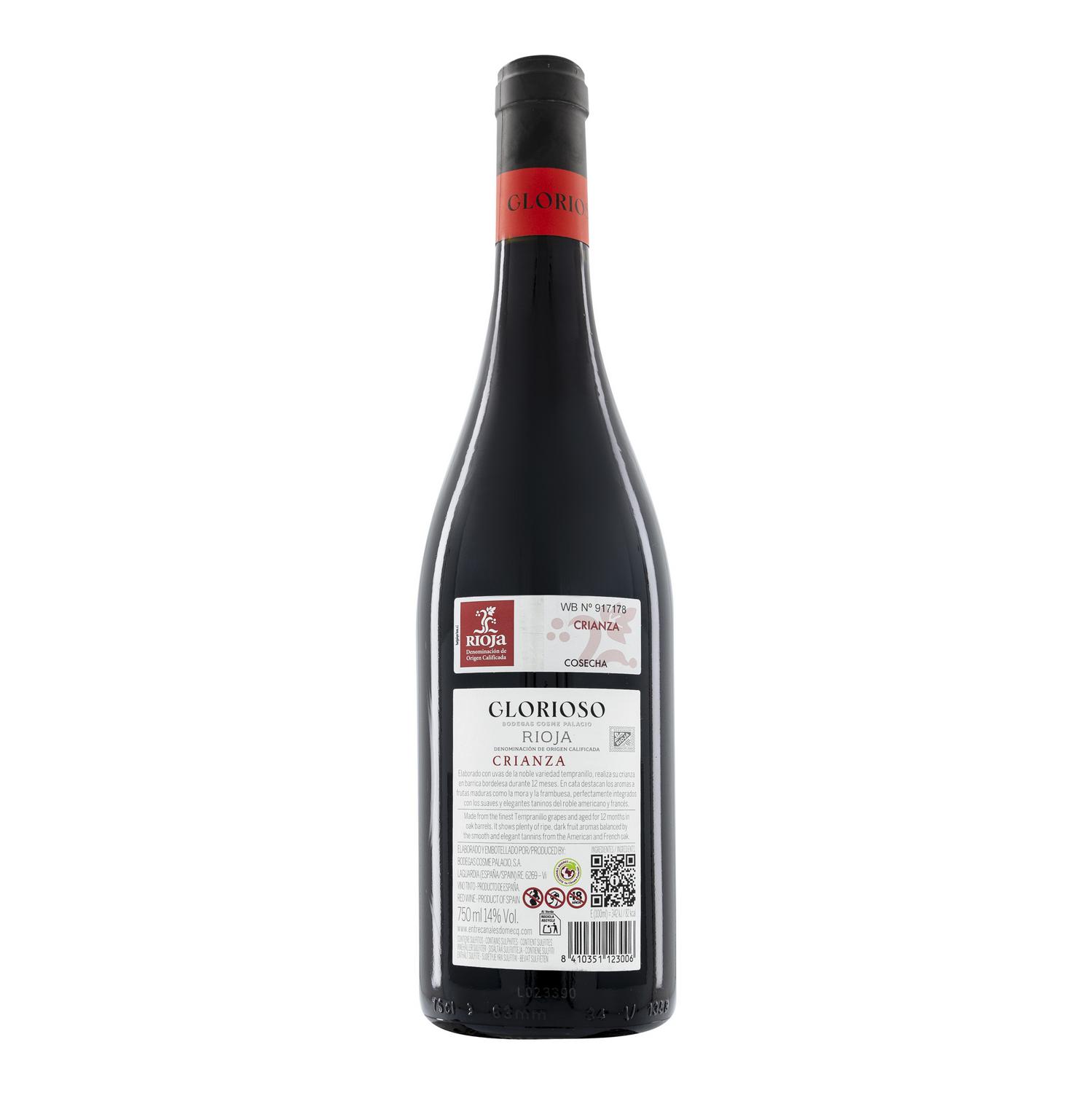 Vino tinto crianza tempranillo Glorioso D.O.Ca. Rioja 75 cl.