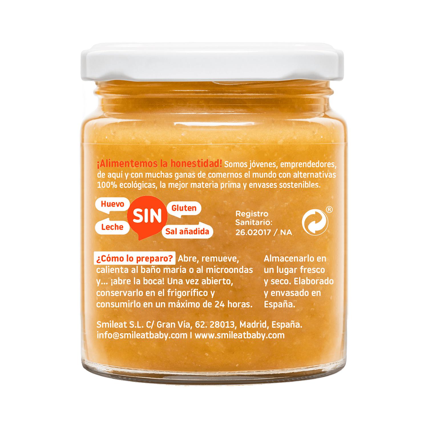 Tarrito de calabaza y calabacín desde 4 meses ecológico Smileat sin gluten 230 g.