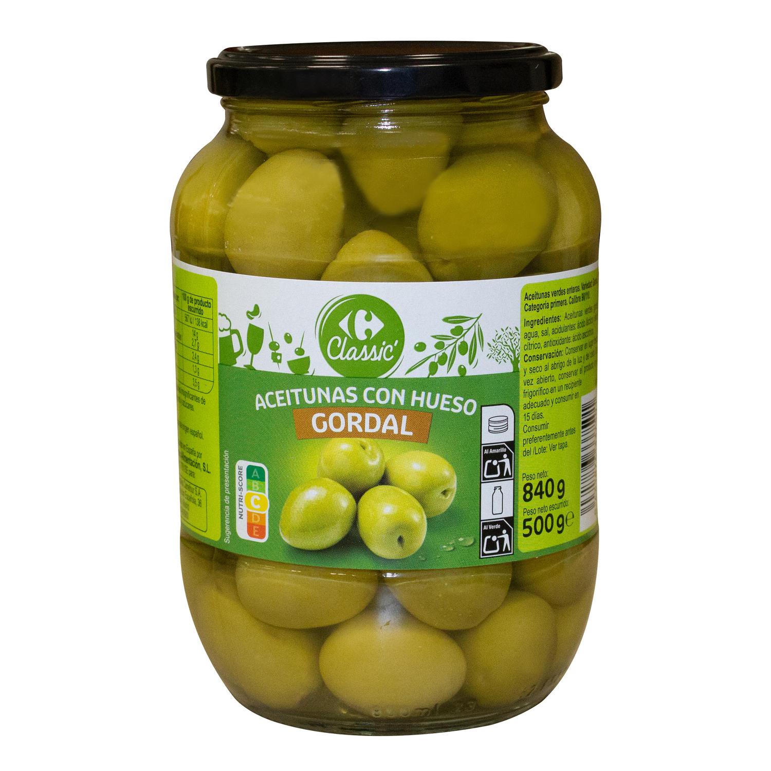 Aceituna gordal aliñada con hueso Classic Carrefour 500 g.