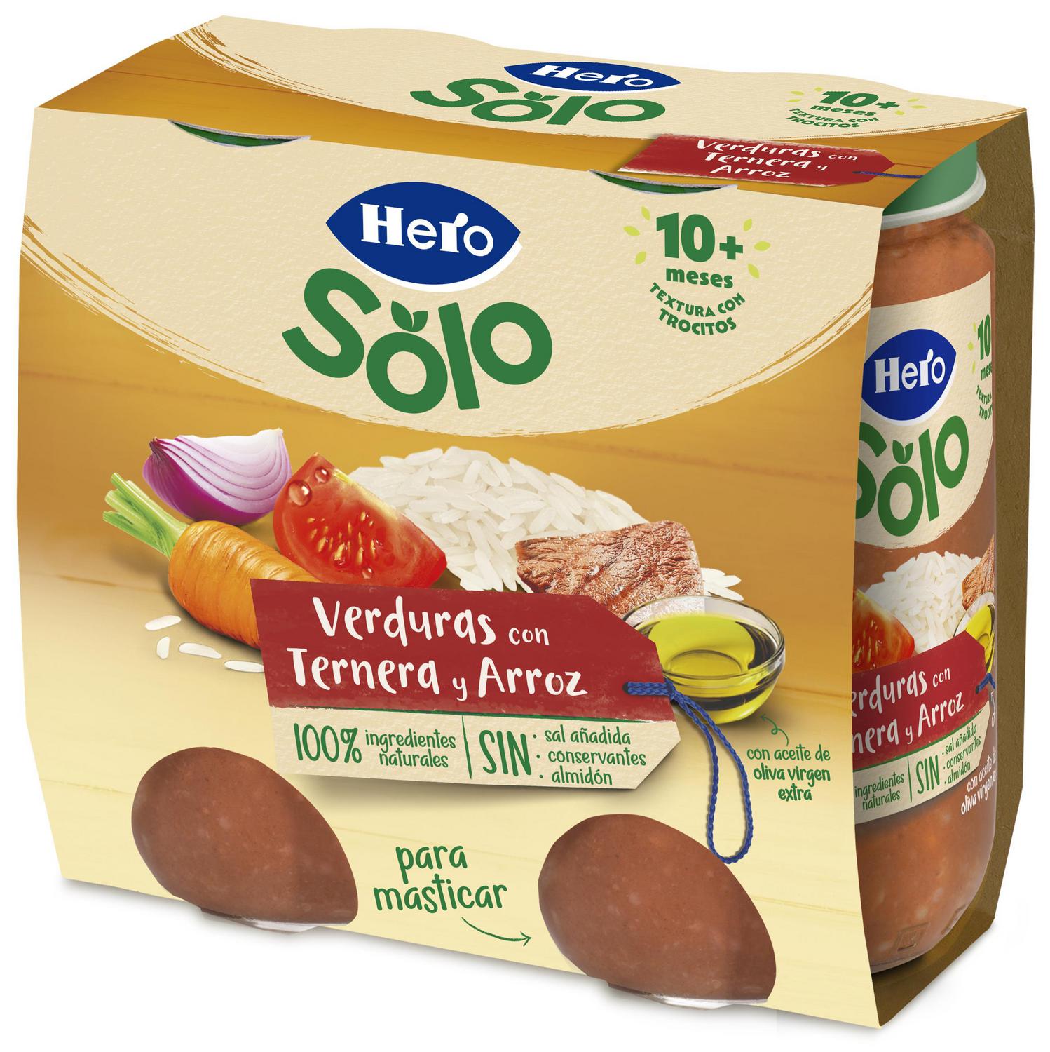 Tarrito de verduras con ternera y arroz desde 10 meses Hero Baby sin gluten pack de 2 unidades de 235 g.