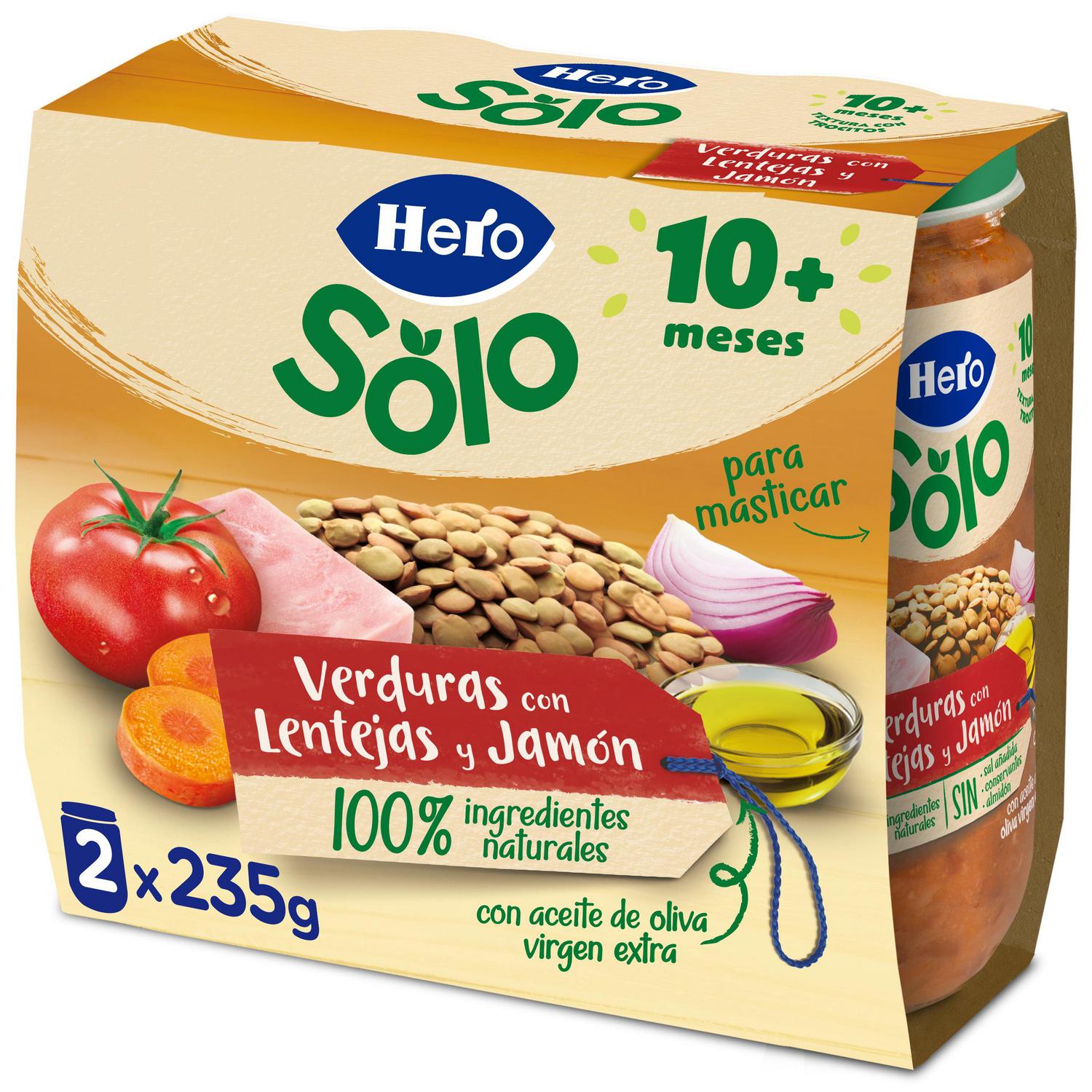 Tarrito de verduras con lentejas y jamón desde 10 meses Hero Baby sin gluten pack de 2 unidades de 235 g.
