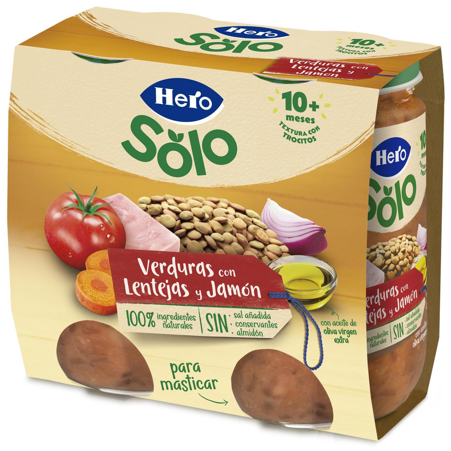 Tarrito de verduras con lentejas y jamón desde 10 meses Hero Baby sin gluten pack de 2 unidades de 235 g.