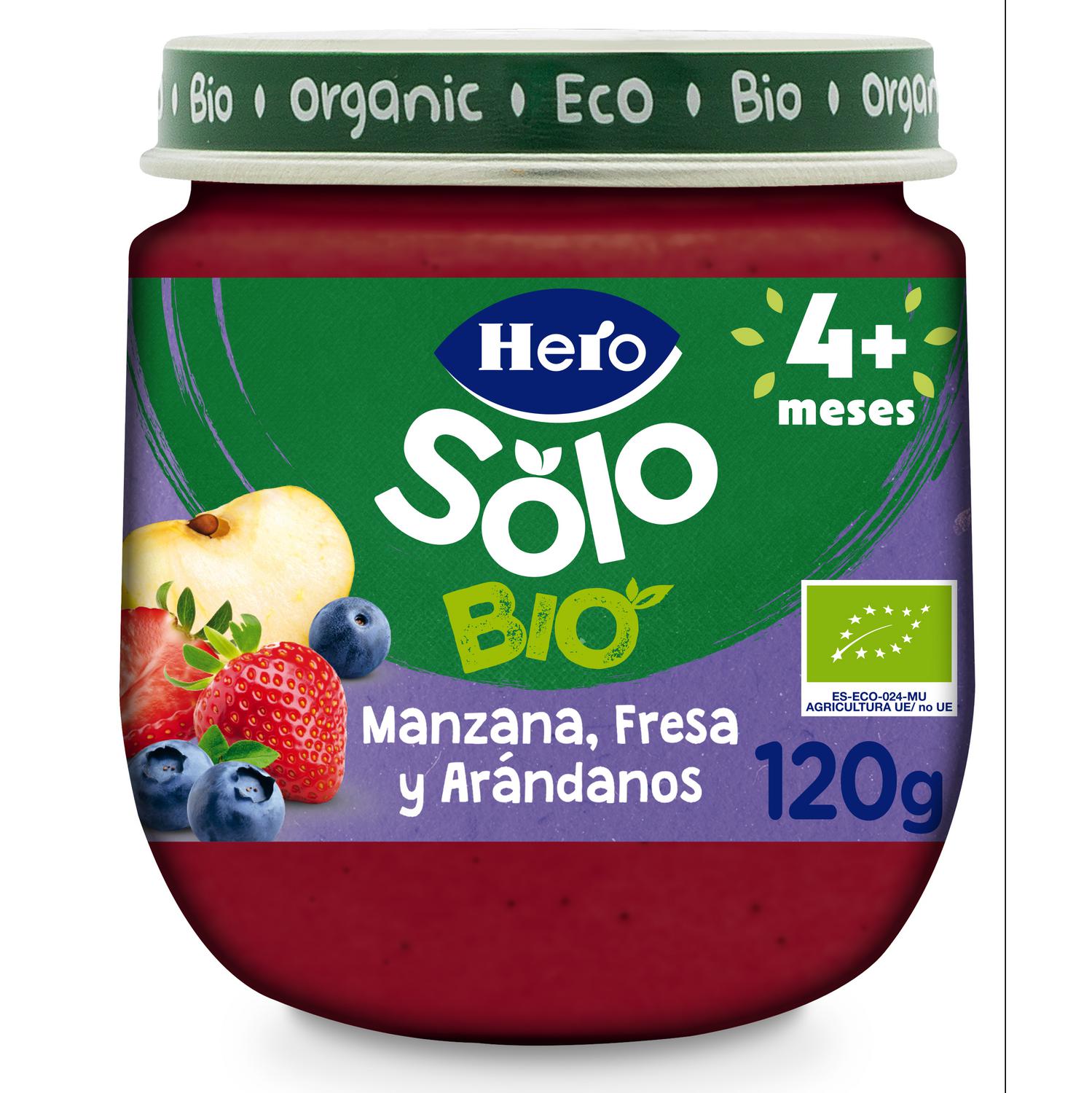 Tarrito de manzana, fresa y arándanos desde 4 meses ecológico Hero Solo sin gluten 120 g.