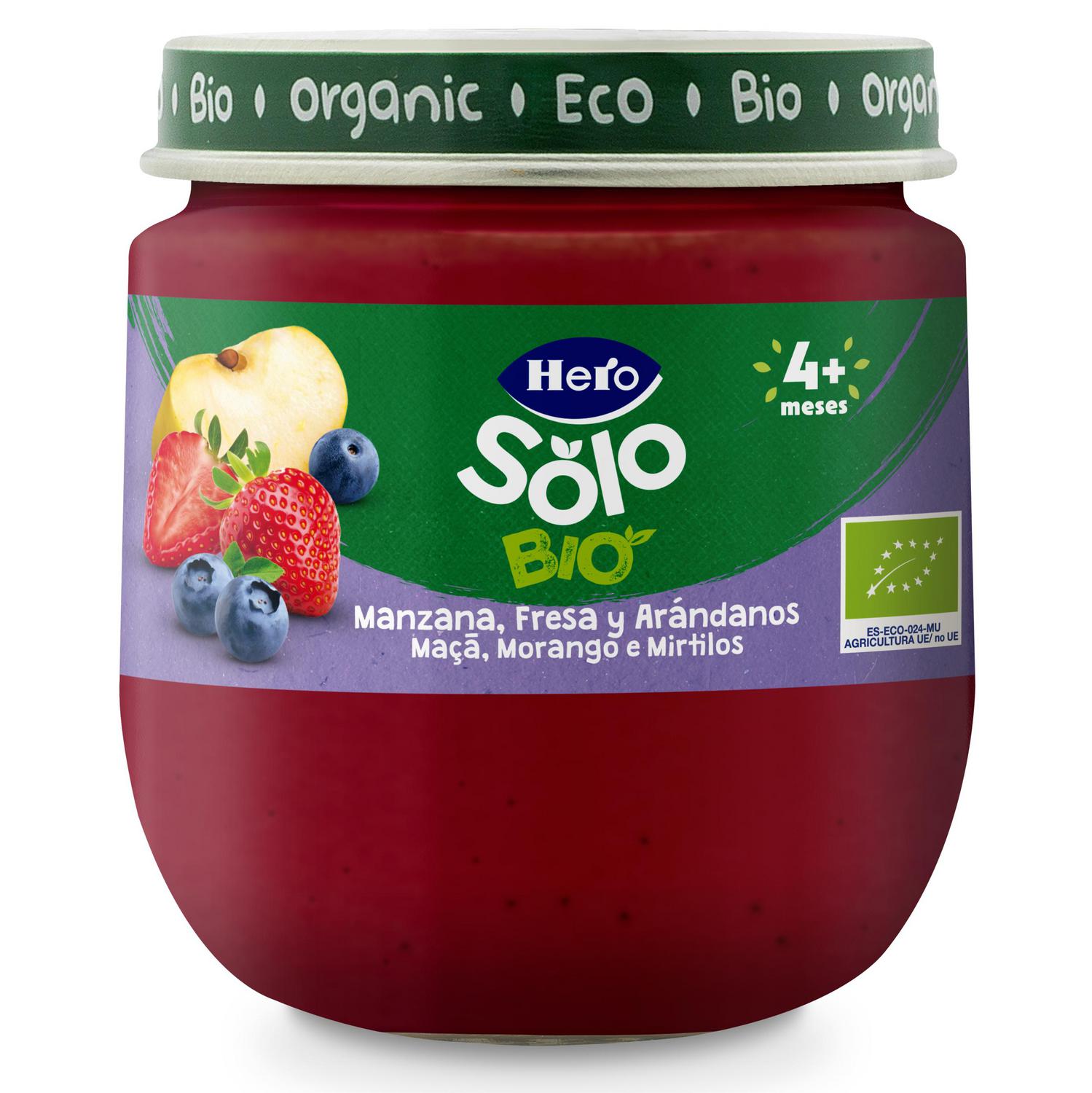 Tarrito de manzana, fresa y arándanos desde 4 meses ecológico Hero Solo sin gluten 120 g.