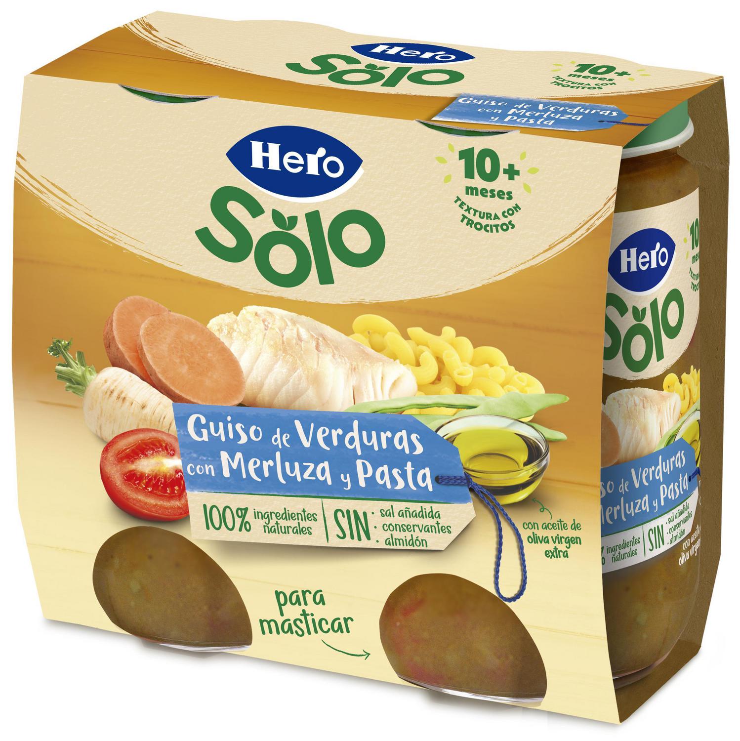 Tarrito guiso verduras con merluza y pasta desde 10 meses Hero Solo pack de 2 unidades de 235 g.