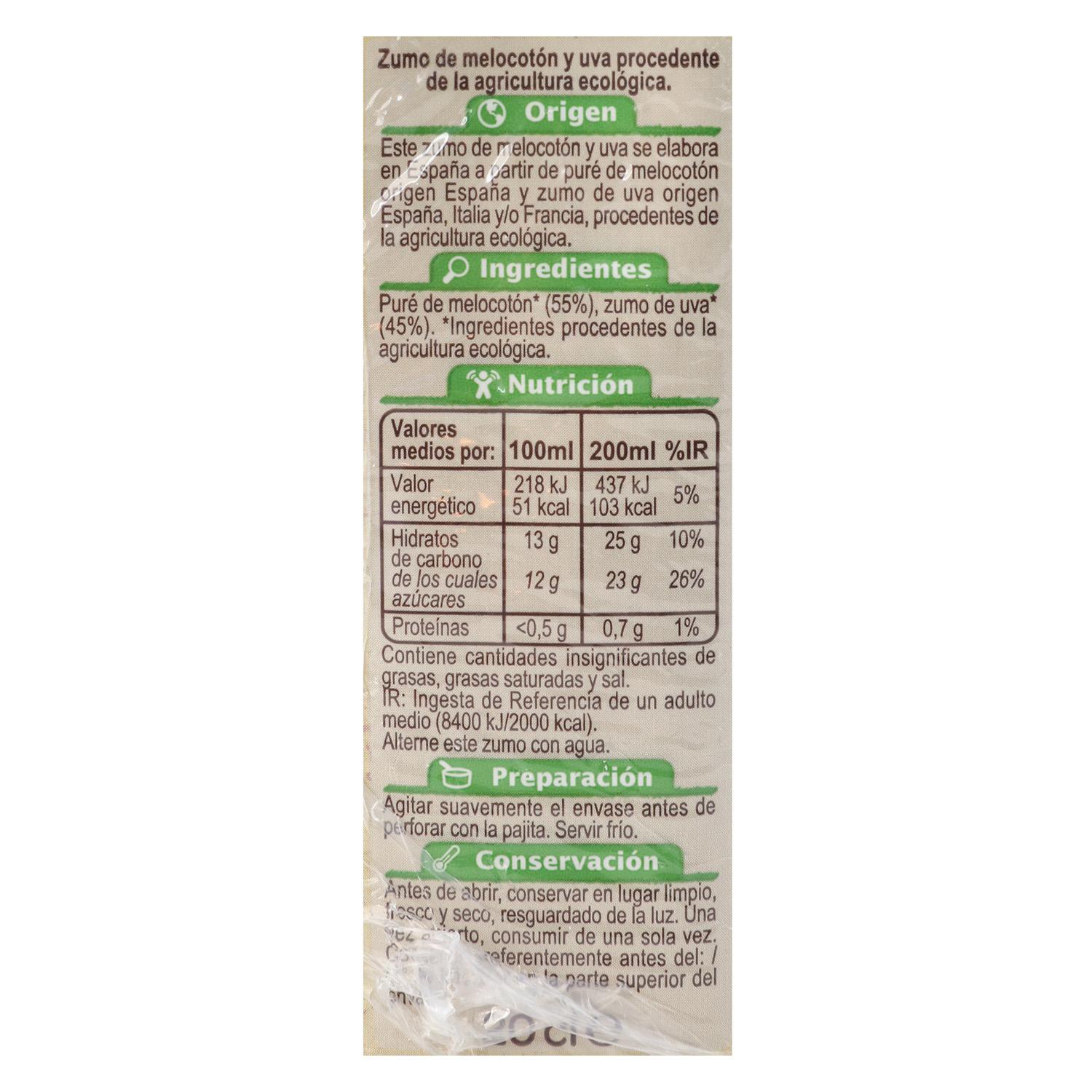 Zumo de melocotón y uva ecológico Carrefour Bio exprimido pack de 3 briks de 20 cl.