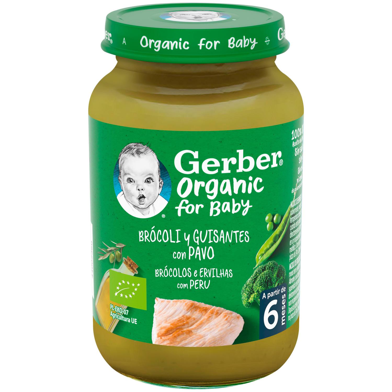 Tarrito de brócoli y guisantes con pavo desde 6 meses ecológico Gerber sin gluten 190 g.