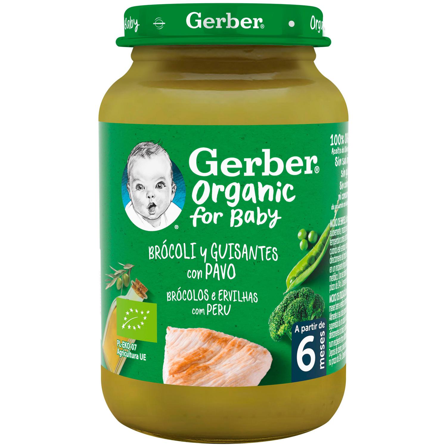 Tarrito de brócoli y guisantes con pavo desde 6 meses ecológico Gerber sin gluten 190 g.