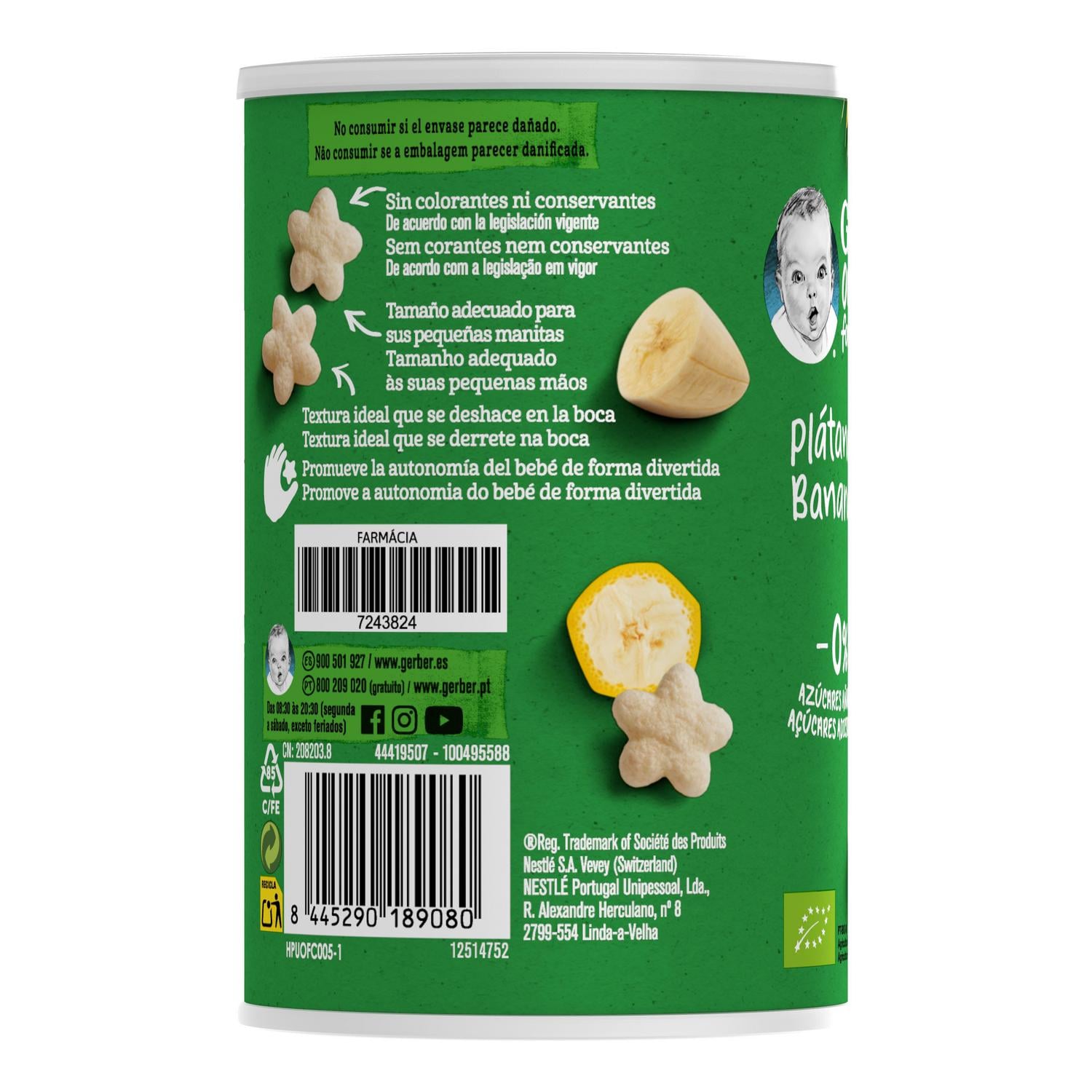 Snacks de cereales con plátano desde 8 meses ecológico Gerber sin azúcar añadido 35 g.