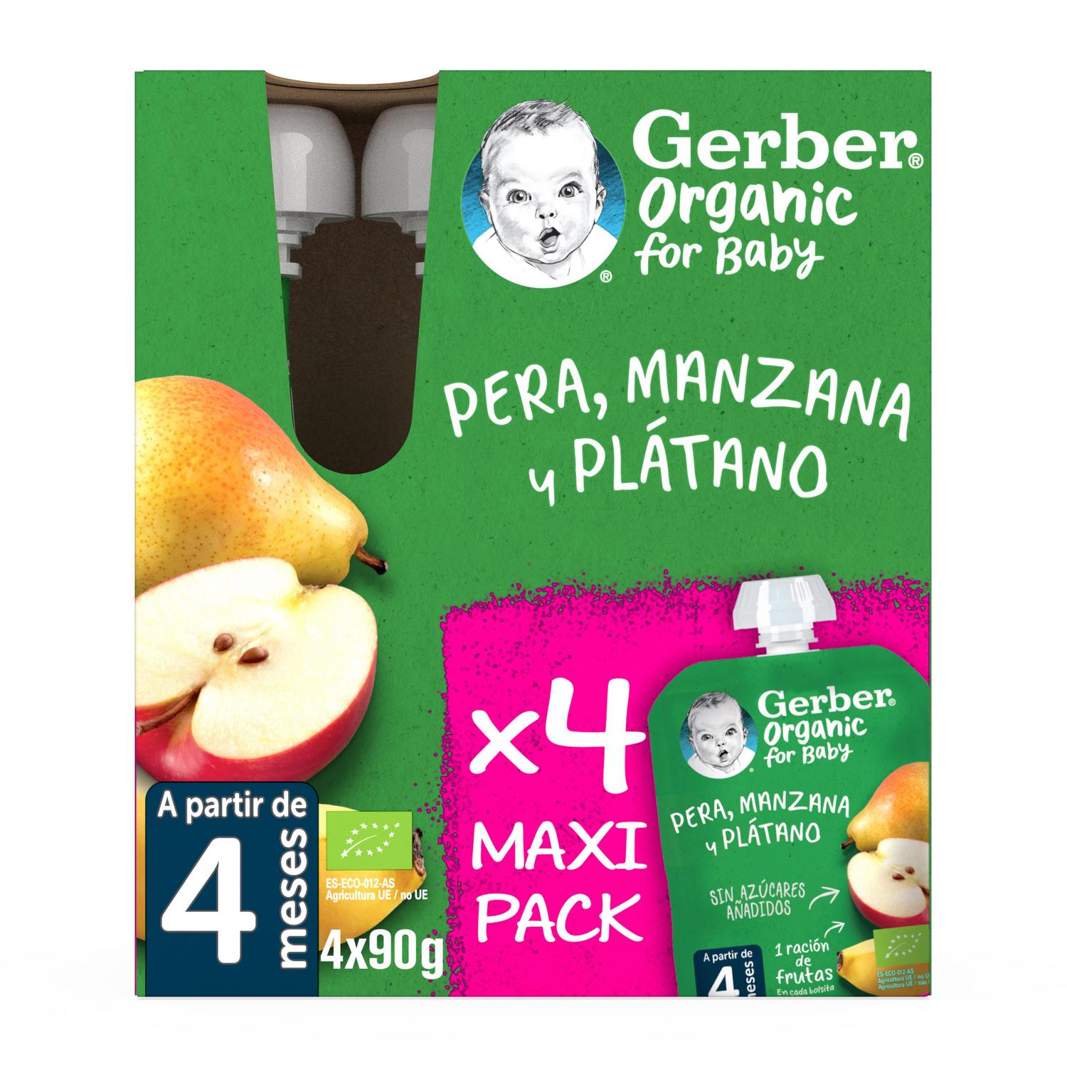 Bolsita de pera, manzana y plátano desde 4 meses ecológico Gerber sin gluten y sin azúcar añadido pack 4 unidades 90 g.