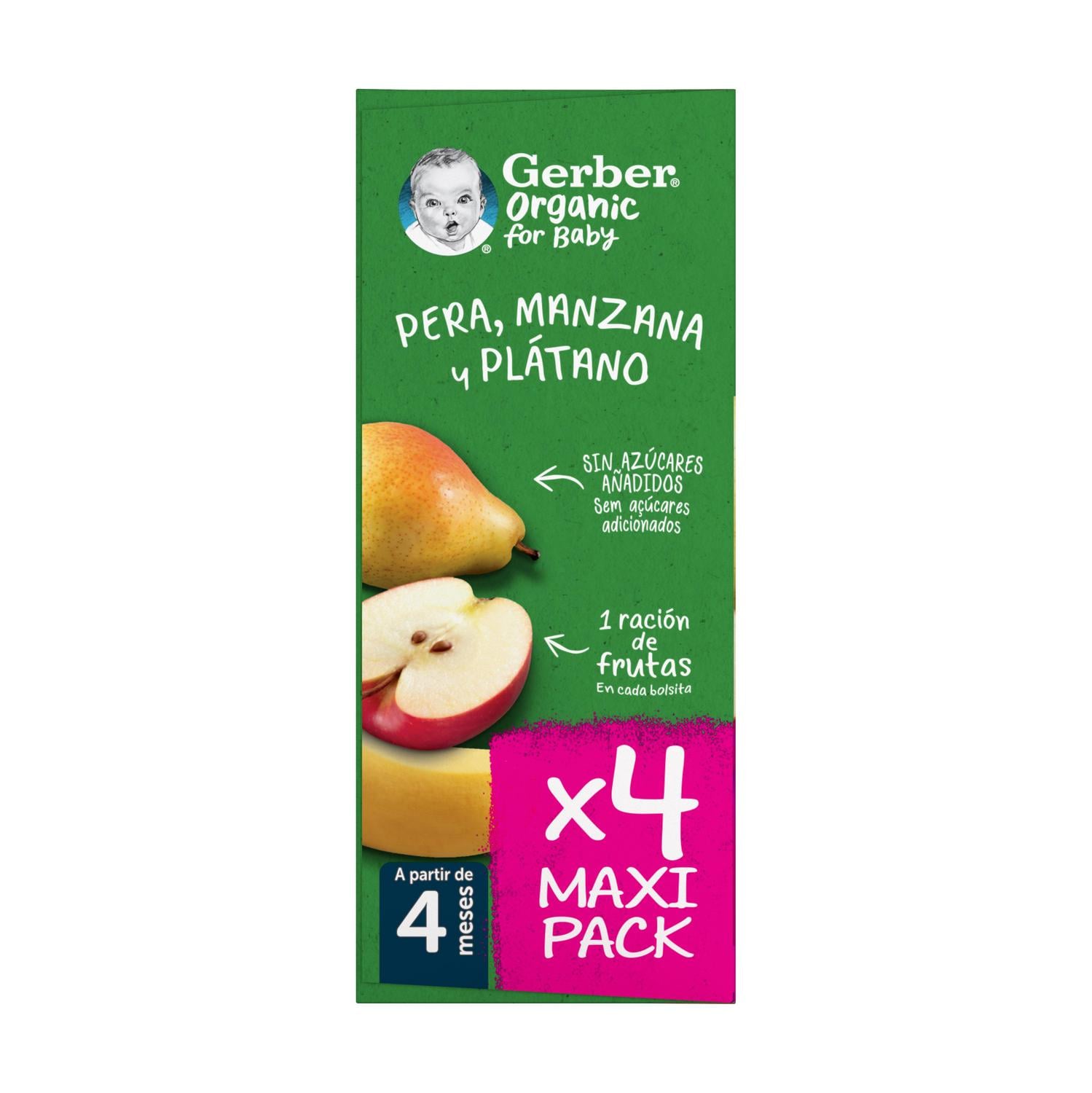 Bolsita de pera, manzana y plátano desde 4 meses ecológico Gerber sin gluten y sin azúcar añadido pack 4 unidades 90 g.