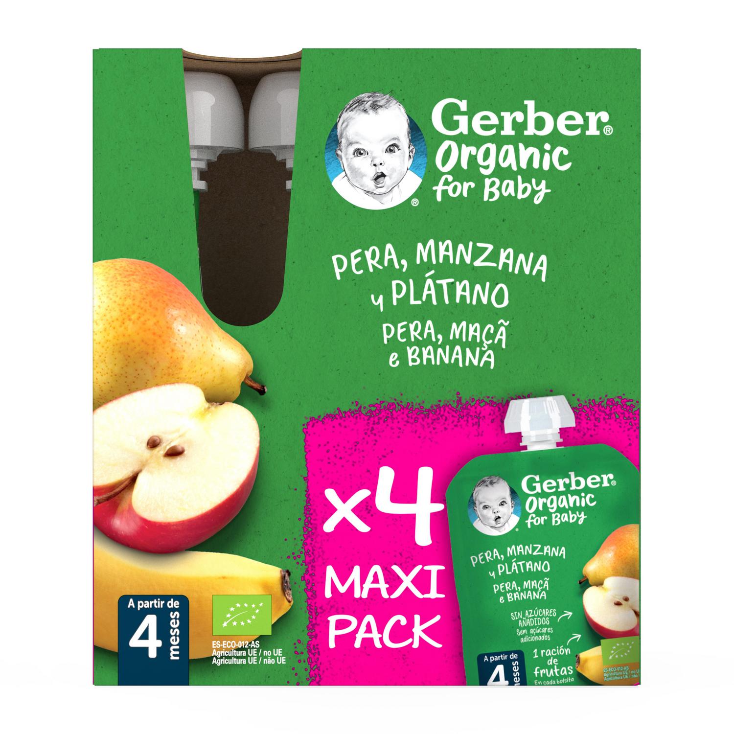 Bolsita de pera, manzana y plátano desde 4 meses ecológico Gerber sin gluten y sin azúcar añadido pack 4 unidades 90 g.