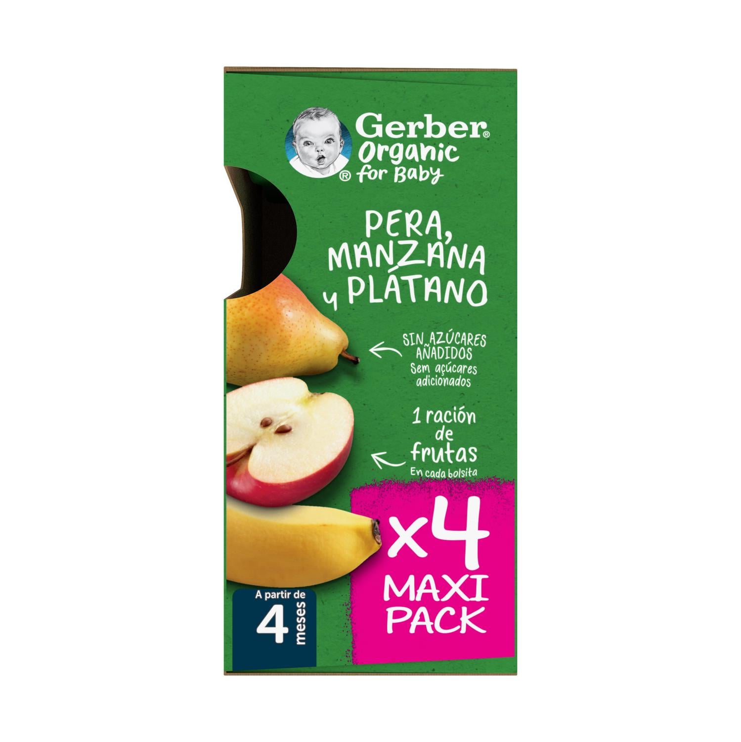 Bolsita de pera, manzana y plátano desde 4 meses ecológico Gerber sin gluten y sin azúcar añadido pack 4 unidades 90 g.