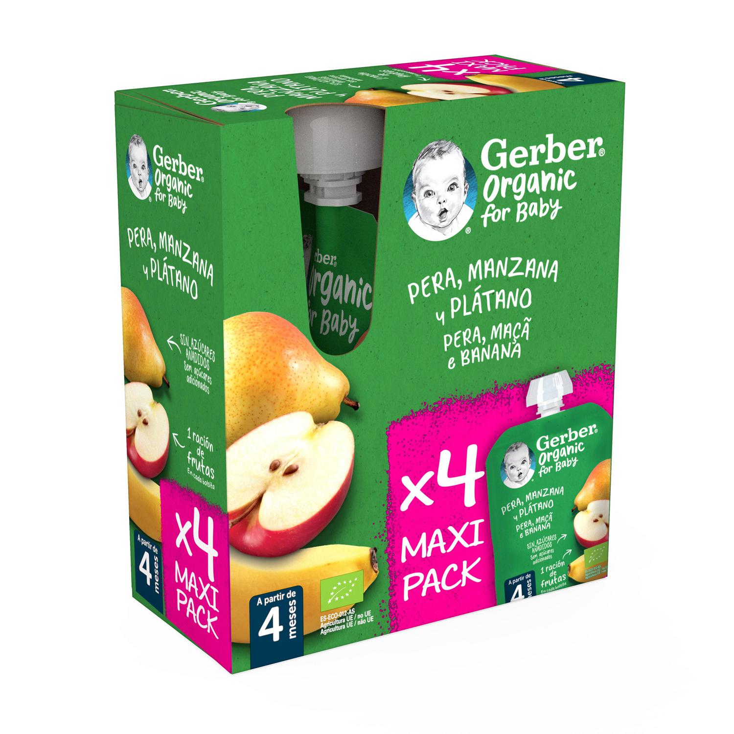 Bolsita de pera, manzana y plátano desde 4 meses ecológico Gerber sin gluten y sin azúcar añadido pack 4 unidades 90 g.