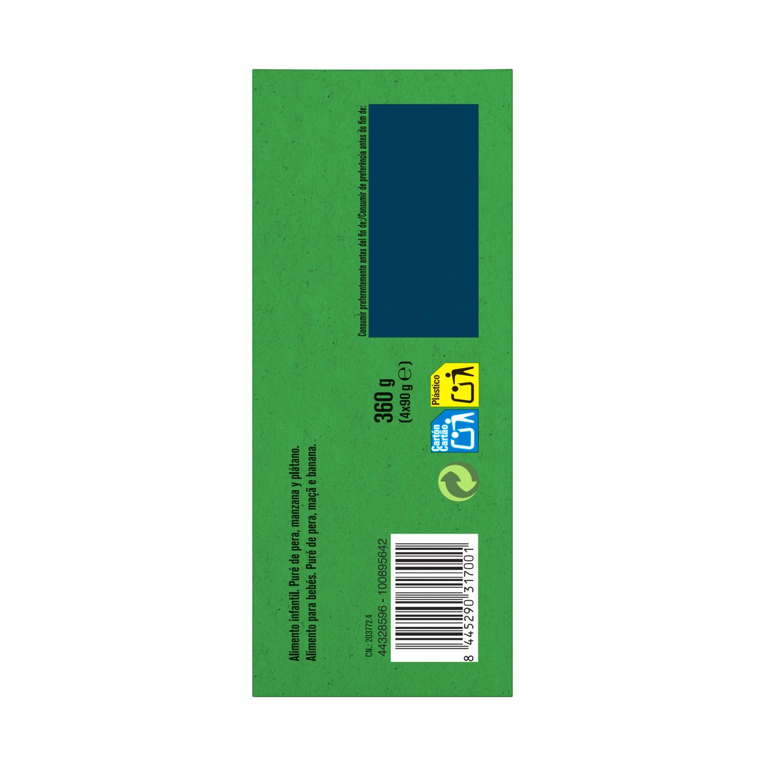 Bolsita de pera, manzana y plátano desde 4 meses ecológico Gerber sin gluten y sin azúcar añadido pack 4 unidades 90 g.