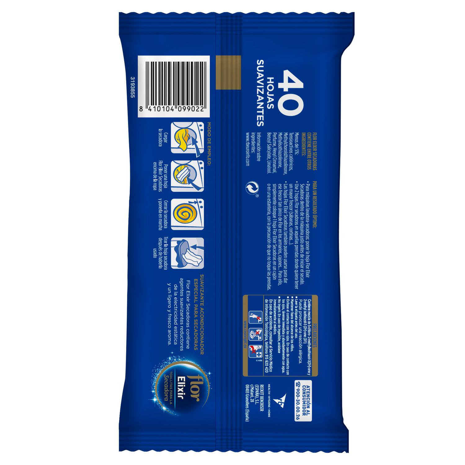 Toallitas suavizante para secadora Elixir Flor 40 hojas