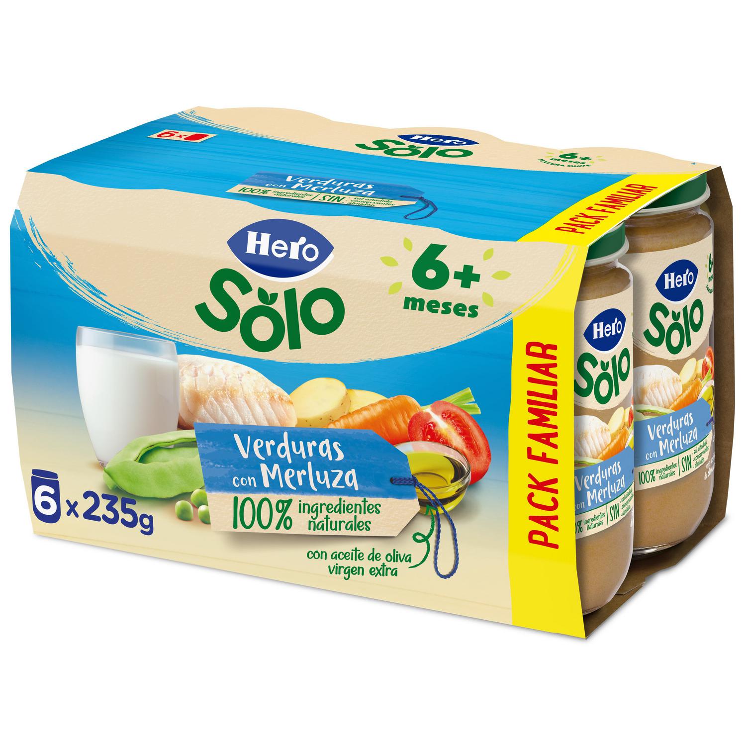 Tarrito de verduritas con merluza desde 6 meses Hero Solo sin gluten pack de 6 unidades de 235 g.