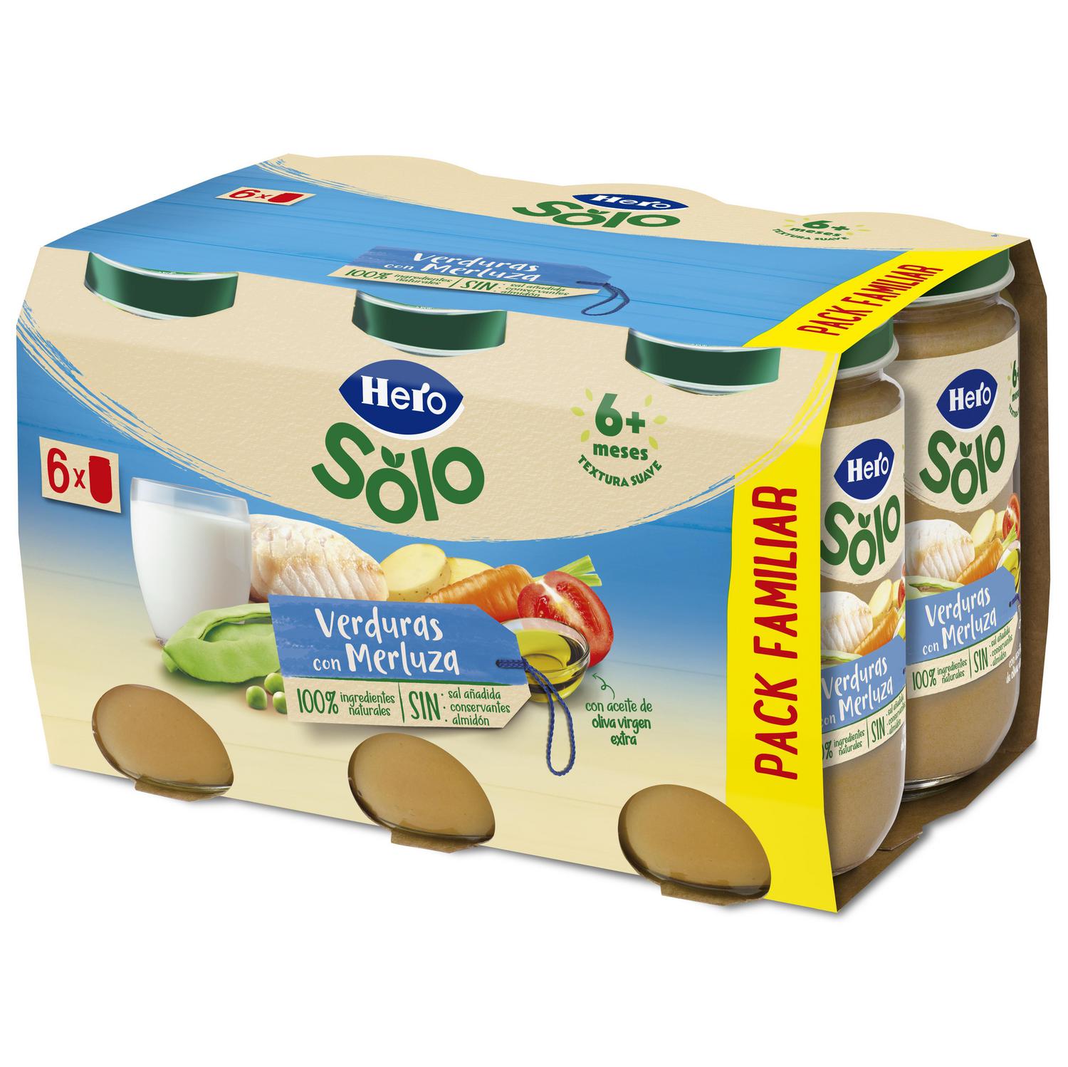 Tarrito de verduritas con merluza desde 6 meses Hero Solo sin gluten pack de 6 unidades de 235 g.