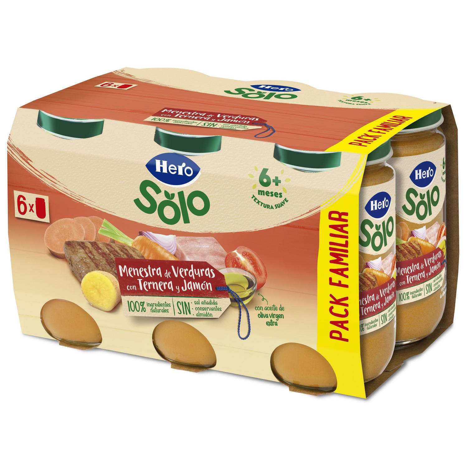Tarrito de menestra de verduras ternera y jamón desde 6 meses Hero Baby sin gluten pack de 6 unidades de 235 g.