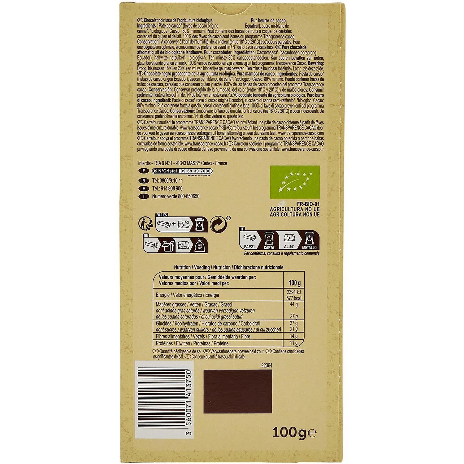 Chocolate negro 80% cacao Ecuador ecológico Carrefour Bio 100 g.