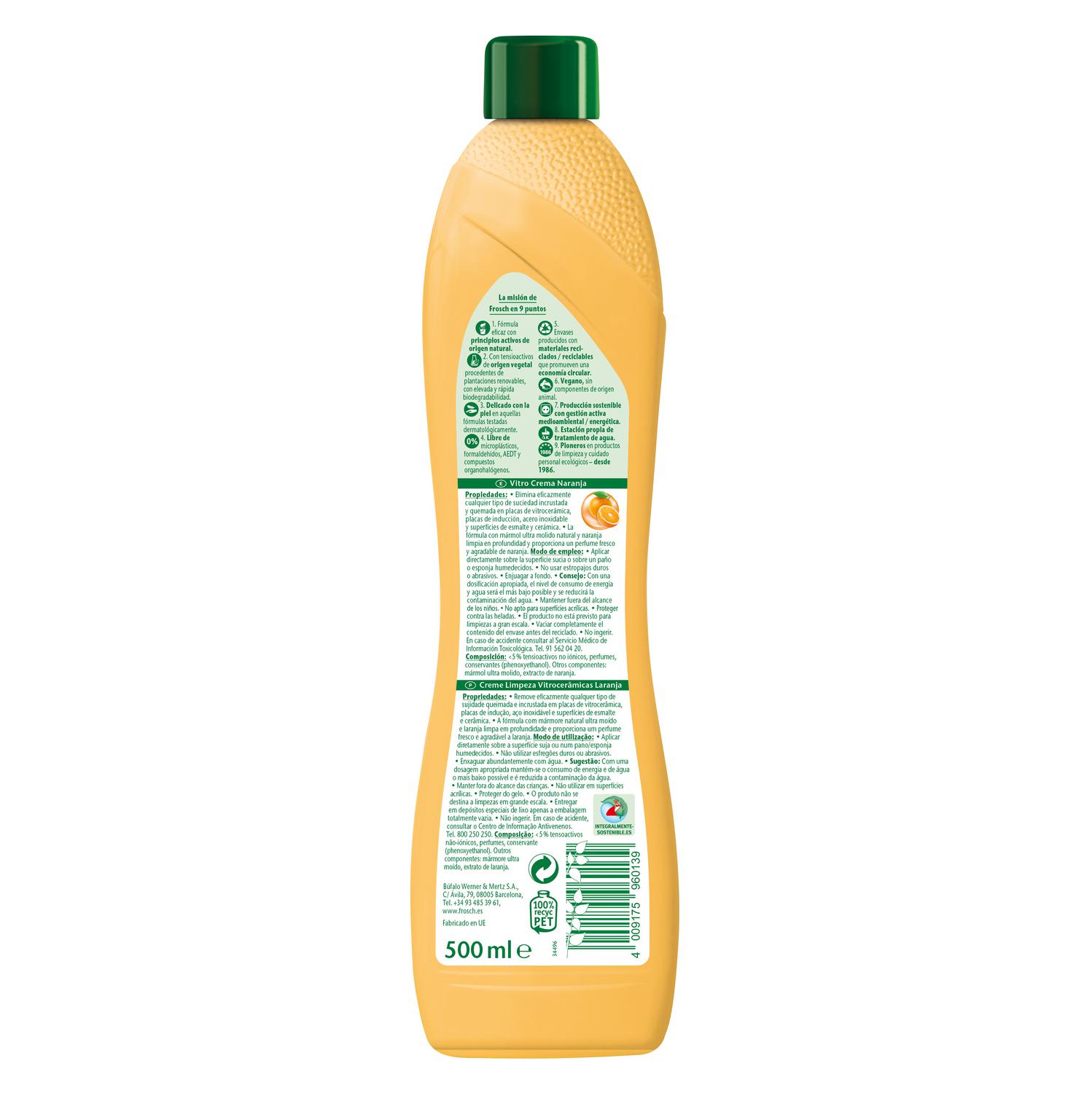 Limpiador vitrocerámicas en crema naranja ecológico Frosch 500 ml.