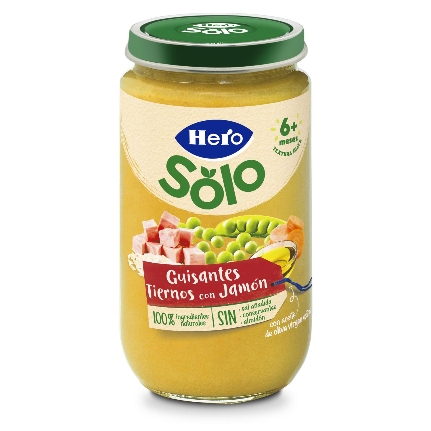 Tarrito de guisantes tiernos con jamón desde 6 meses Hero Solo sin gluten 235 g.