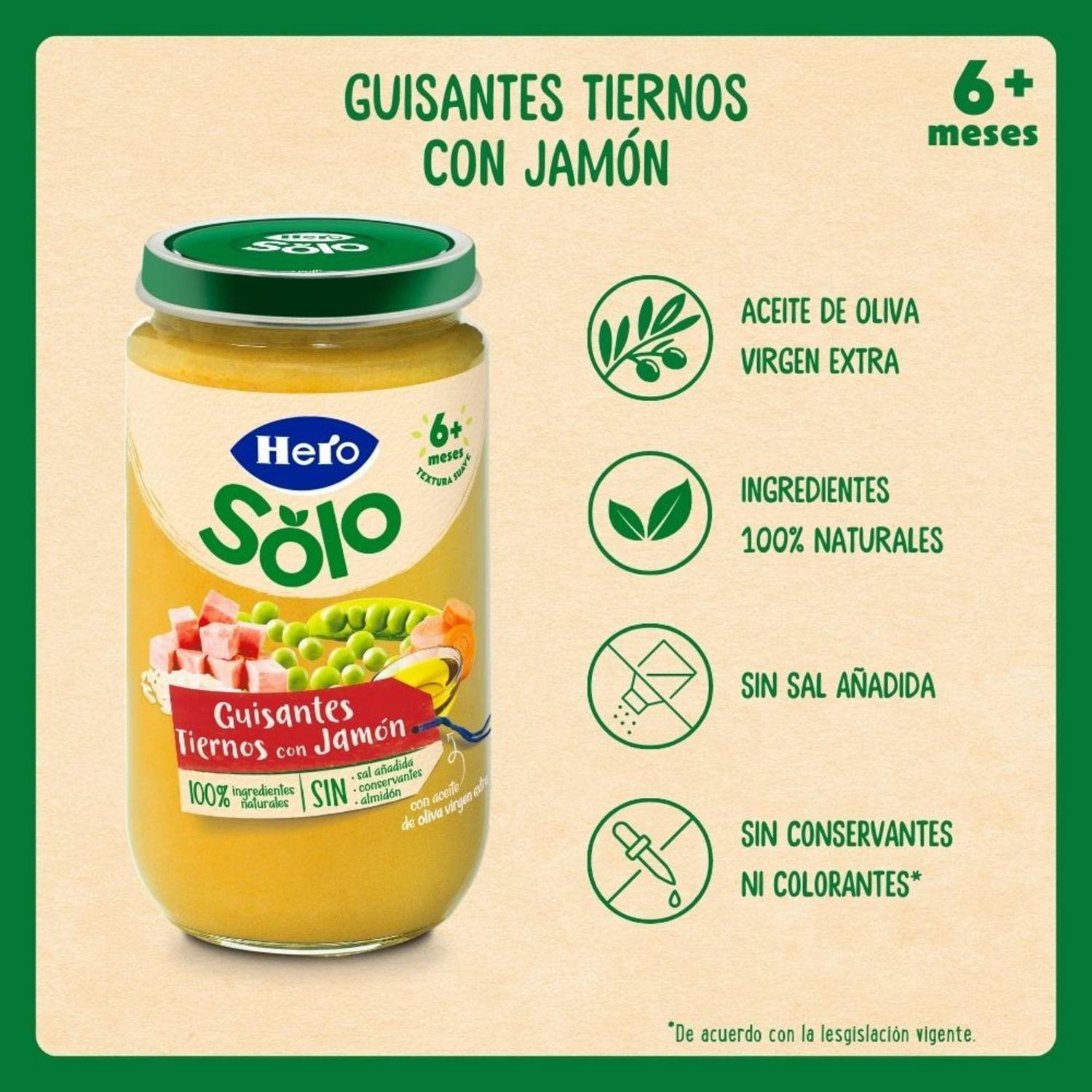 Tarrito de guisantes tiernos con jamón desde 6 meses Hero Solo sin gluten 235 g.