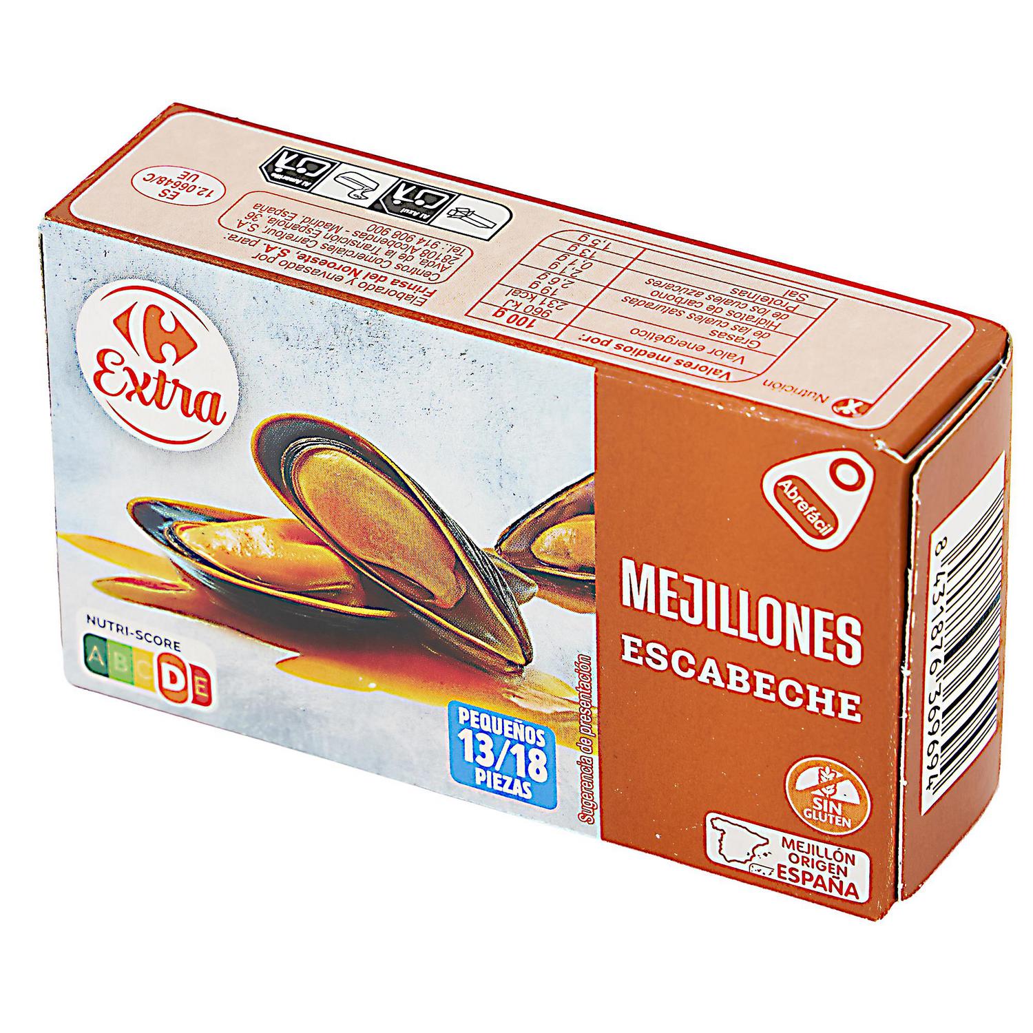 Mejillones en escabeche 13-18 Extra Carrefour sin gluten 69 g.