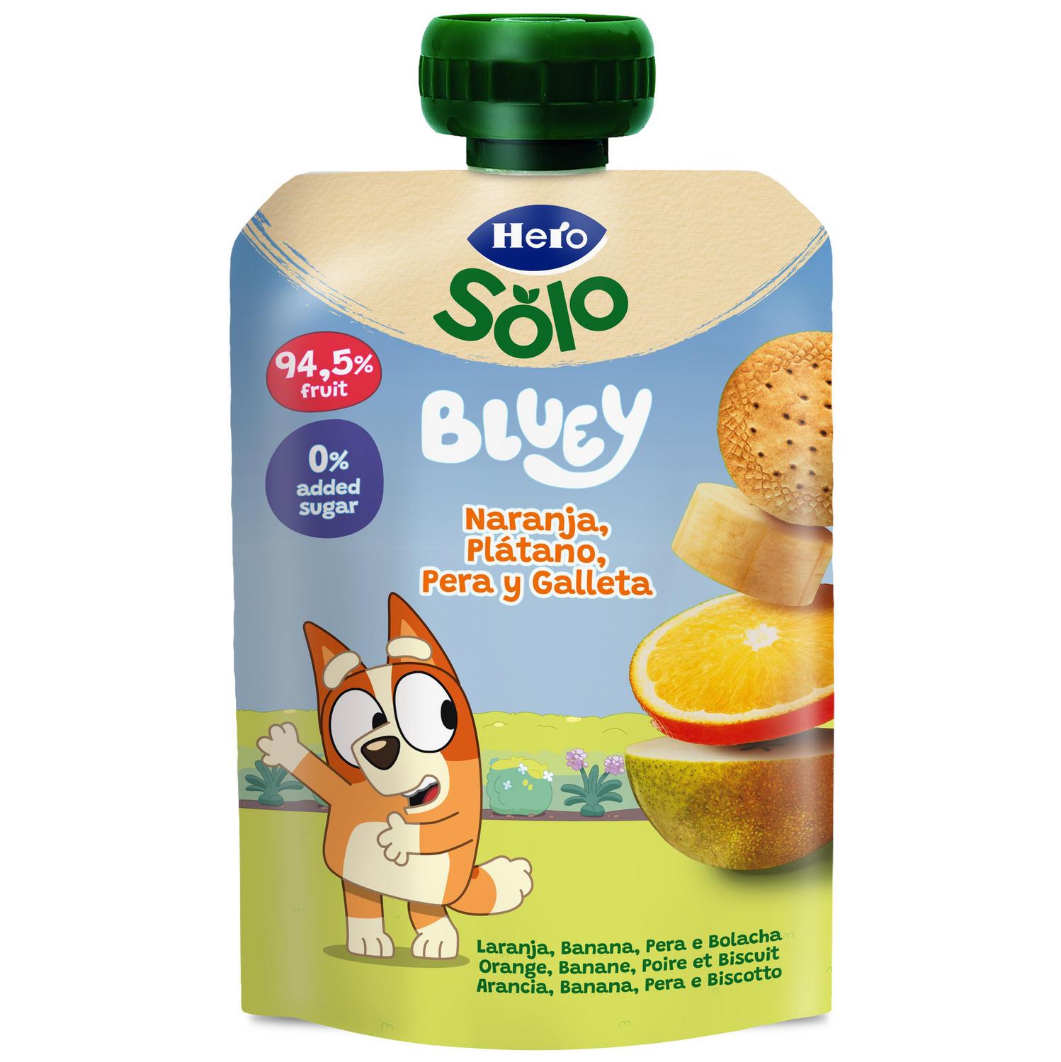Bolsita de naranja, plátano, pera y galleta Hero Mi Fruta sin azúcar añadido 100 g.